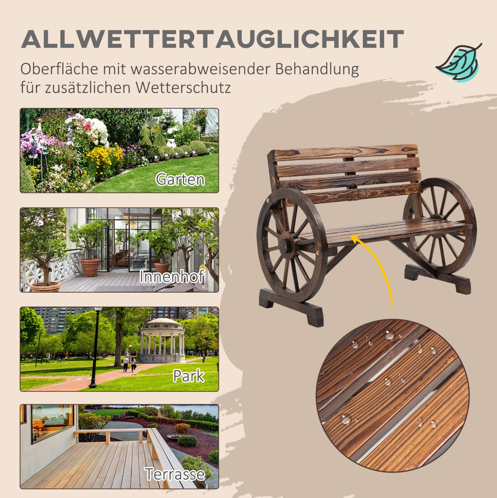 OKWISH Gartenbank Gartenstuhl 2-Sitzer 105,5x56x79 cm, Holzbank Tannenholz Braun (Packung, 1-St., Holzbank für Garten und Terrasse, stabile Zweisitzer Sitzbank), Landhausstil Sitzbank mit Wagenrad-Armlehnen, Outdoor Gartenmöbel