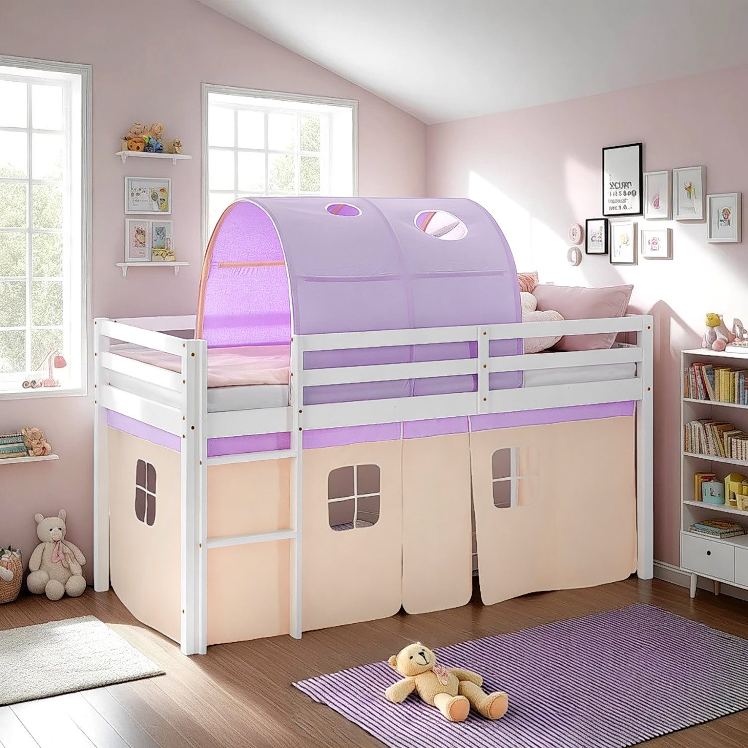 Homestyle4u Hochbett Kinder mit / ohne Rutsche 90x200 Holz Mädchen Rosa Lila Vorhang (Komplett-Set mit Lattenrost und Tunnel, Matratze mit OEKO-TEX® Standard 100) mit Vorhang in Peach und Rausfallschutz, Mädchen