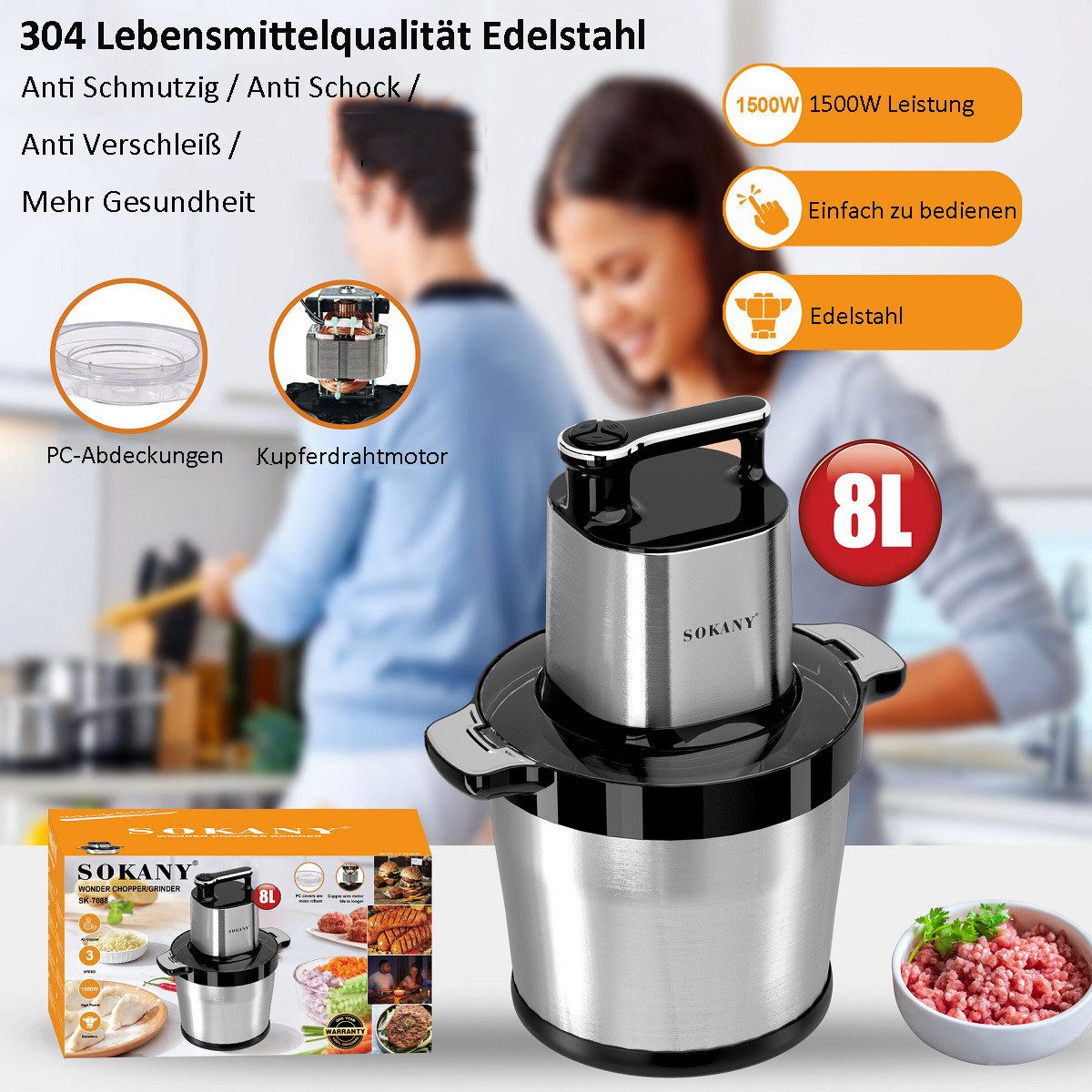 SOKANY Zerkleinerer Küche Elektrisch Groß, 8L Multizerkleinerer, 1500 W