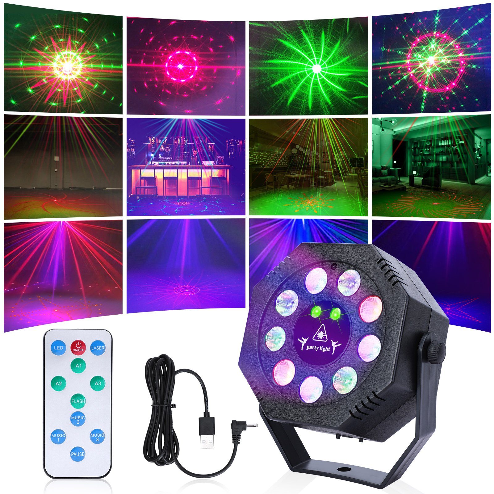 Sunicol LED-Sternenhimmel Halloween Strobe Kabel Projektor Laser USB Weihnachten Projektionslampe Bühnenlicht Lichteffekt Beam für Klub DJ, Disco RGB mit Show