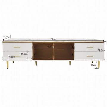 HAUSS SPLOE TV-Schrank TV-Lowboards TV Schrank Fernsehschrank TV-Tisch (Fernsehschrank TV-Lowboard Sideboard Beistellschrank modern, mit 4 Strukturierte Schubladen 4 Füßen) mit Goldenen Griffen und zwei Braune Türen aus Gehärtetem Glas