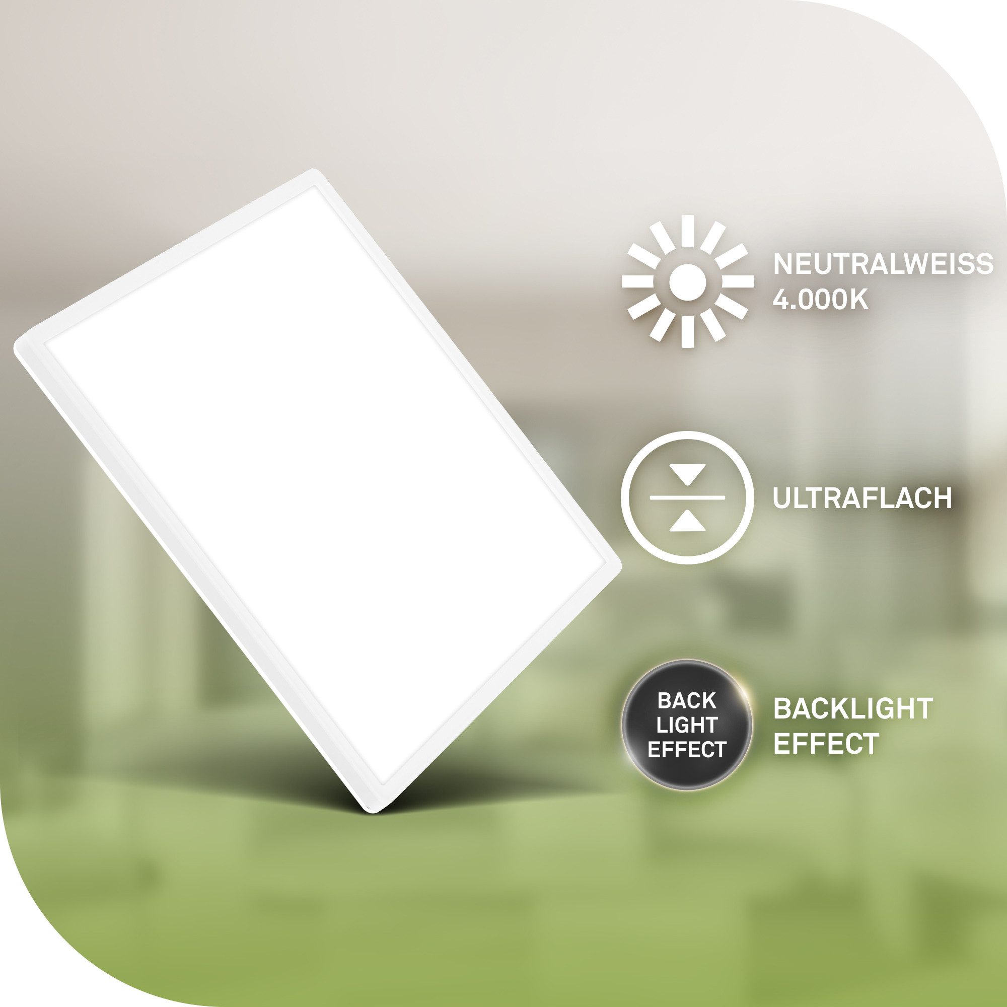 Briloner Leuchten LED Panel Deckenlampe ultraflach Energieeffizienz A Backlight-Effekt, LED fest integriert, LED wechselbar, 4000K, Verschiedene Ausführungen, Wohnzimmer Schlafzimmer Küche