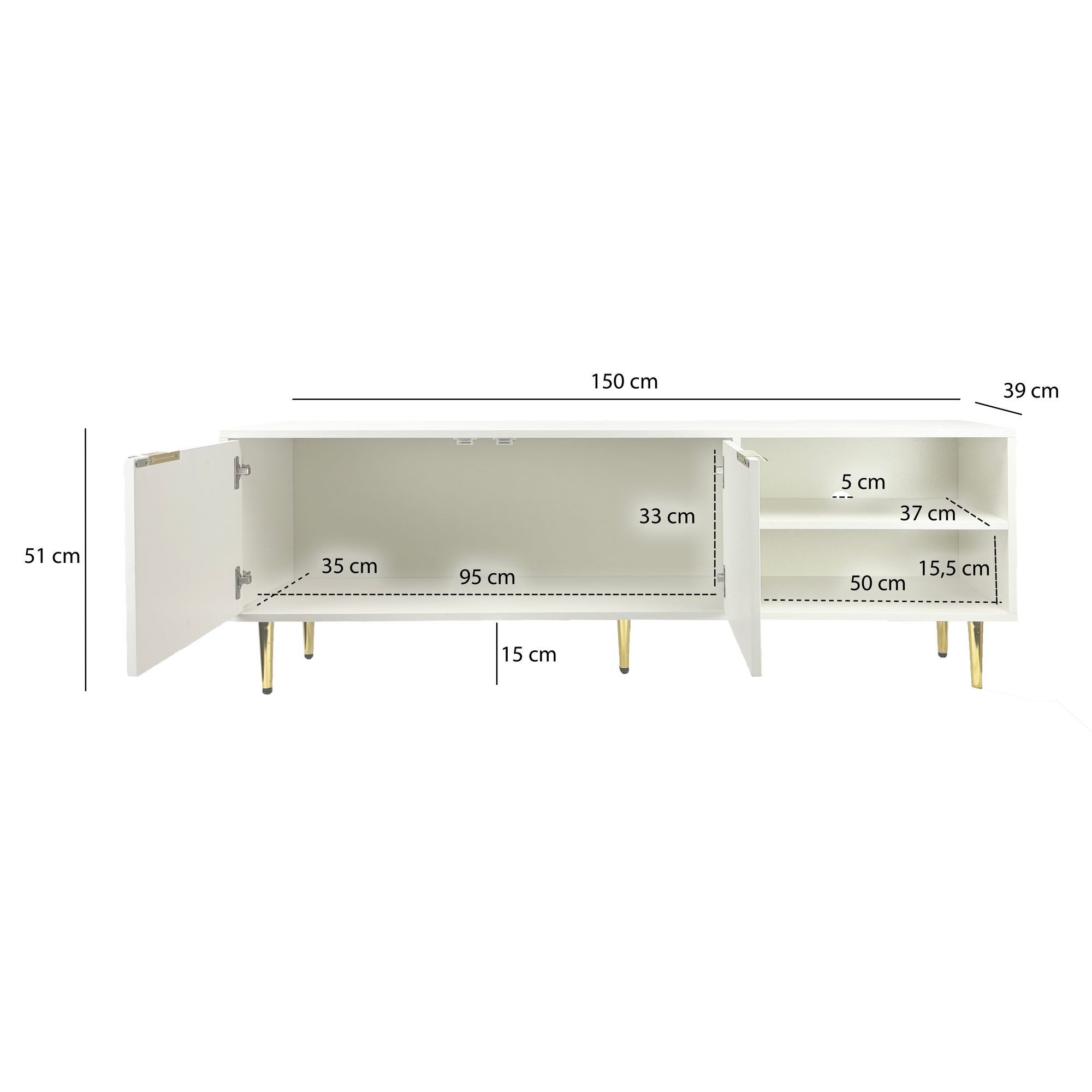 FineBuy Lowboard TV Möbel Weiß 150cm - TV Board mit Lamellenfront - TV Kommode mit 2 Türen und offenen Fächern - Fernsehkommode Fernsehunterschrank mit Metallbe – Bild 3 von 5
