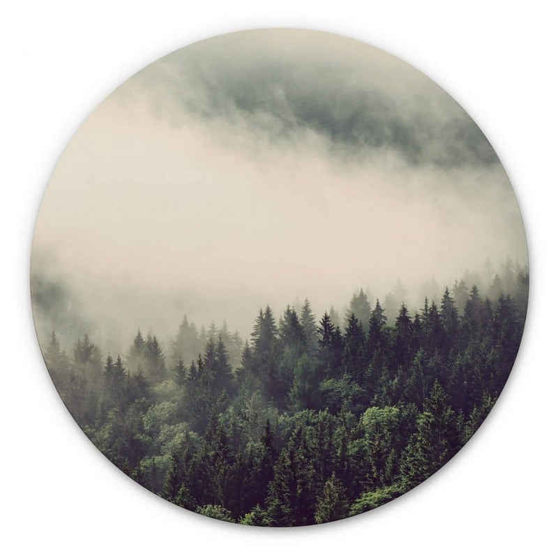 K&L Wall Art Gemälde Metallposter Rund Nebel Wald Fotografie Schwarzwald Natur Deko, Metalloptik Wandbild Ø 30cm