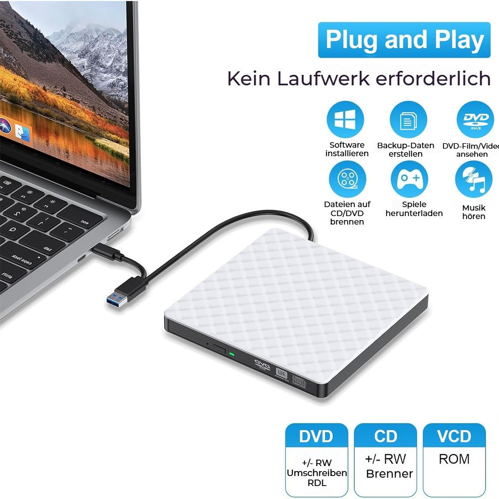 PRIISF External CD DVD +/-RW ROM Optical Drive Rewriter Writer USB 3.0,Type-C DVD-Brenner (Slim CD/DVD ROM Portable Laufwerk Brenner, DVD 8x/CD 24x, Für alle Notebook Desktop PC Laptop-Mac OS,Windows11)