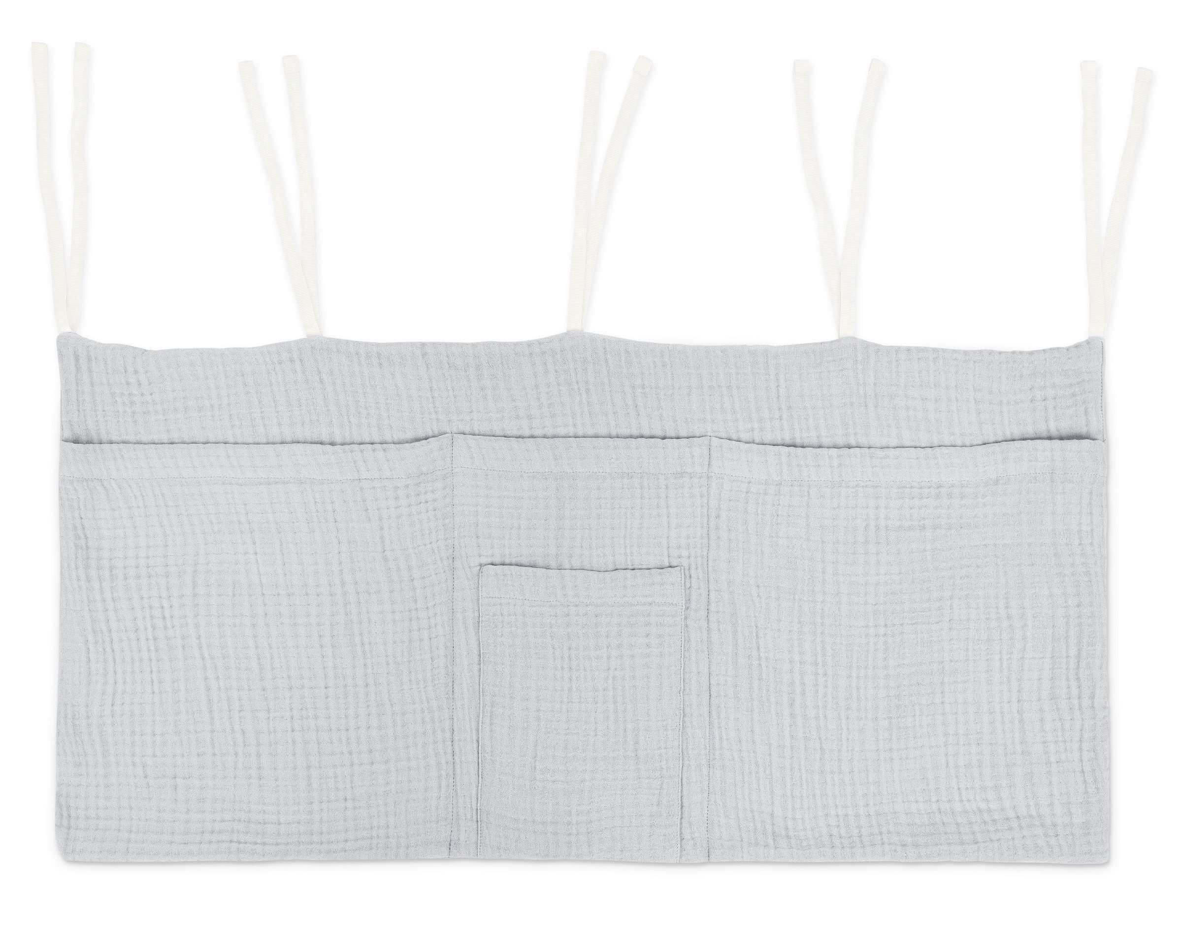 Ehrenkind Hängeaufbewahrung Bett Organizer, Praktische Betttasche für Ordnung am Bett (einfache Befestigung, 4-lagigen Bio-Musselin), Bettaufbewahrungstasche für Bücher & Kuscheltiere