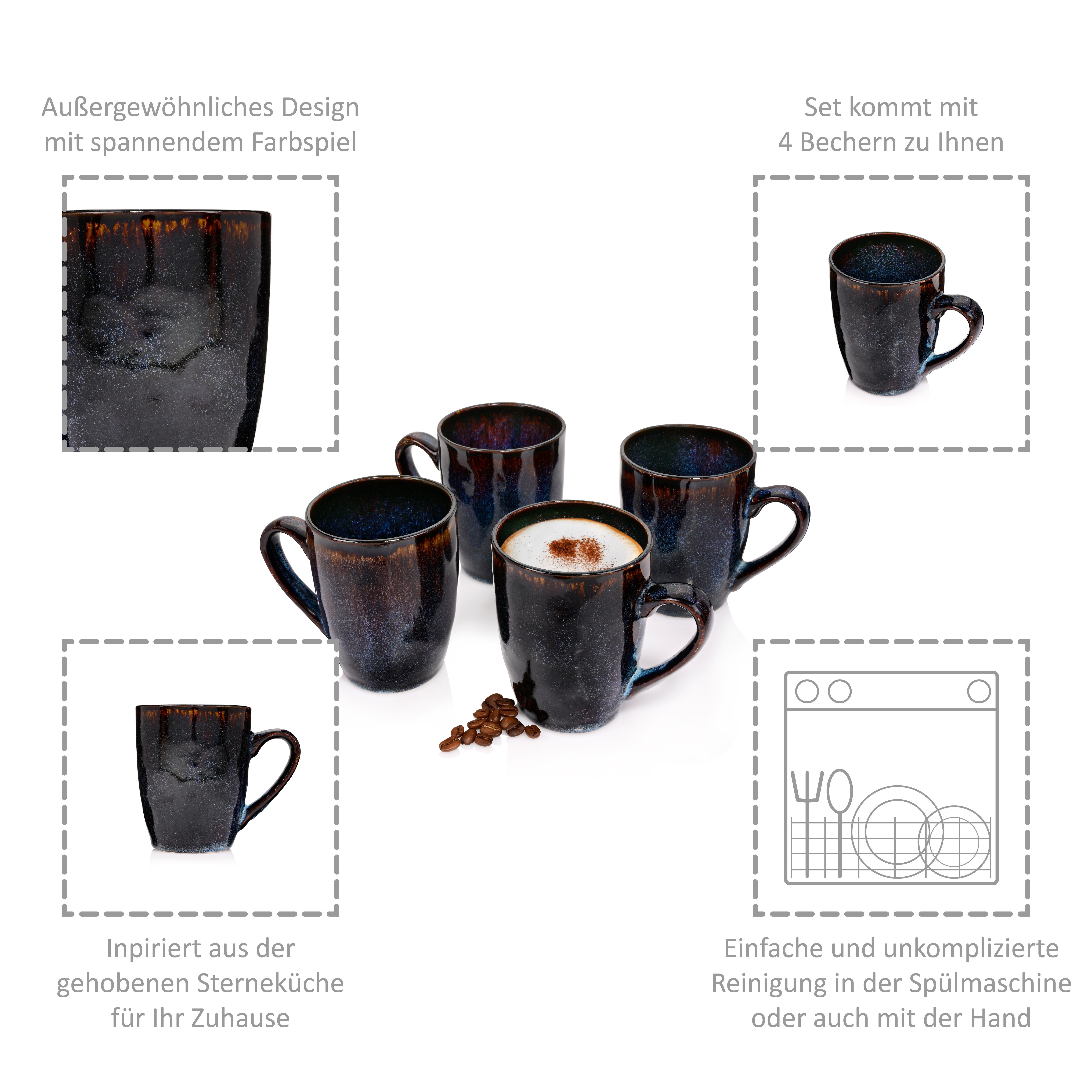 SÄNGER Becher Tokio Kaffeebecher Set, 4-tlg., Steingut, Blau Schwarz, Handmade, Premium Collection
