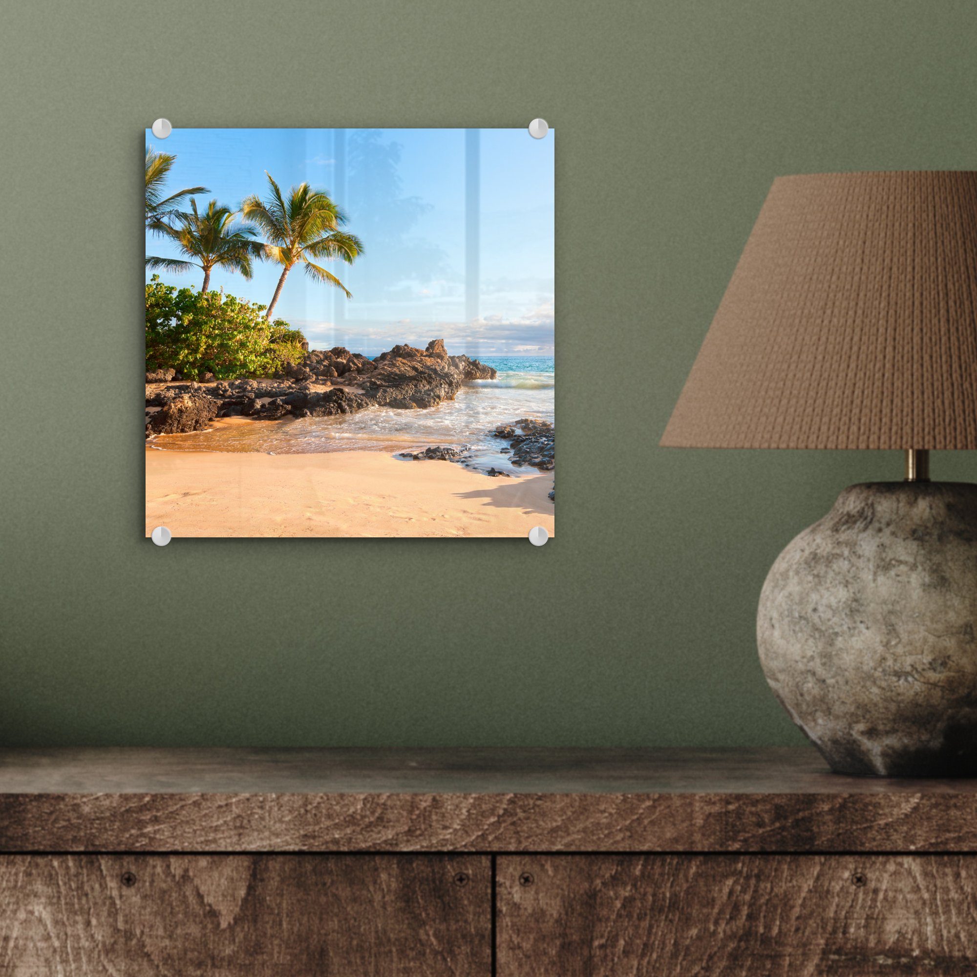 - Acrylglasbild Wanddekoration - am von Foto - Glasbilder Maui, Strand Wandbild auf Glas Glas Tropische MuchoWow auf (1 St), Bilder Palmen