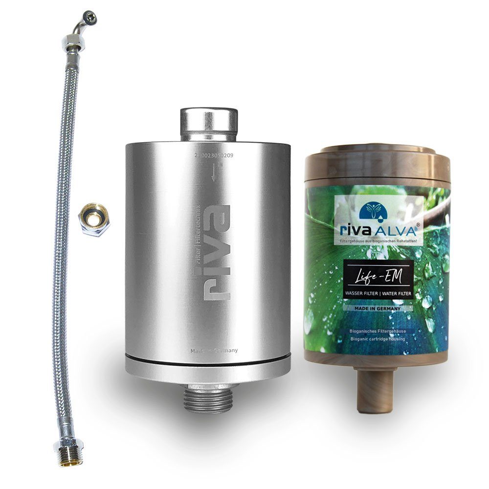 rivaALVA Wasserfilter Life-EM Trinkwasserfilter-Set, Blockaktivkohlefilter mit EM Keramik inkl. Schlauchanschluss-Set, Zubehör für Wasserhahn, Made in Germany