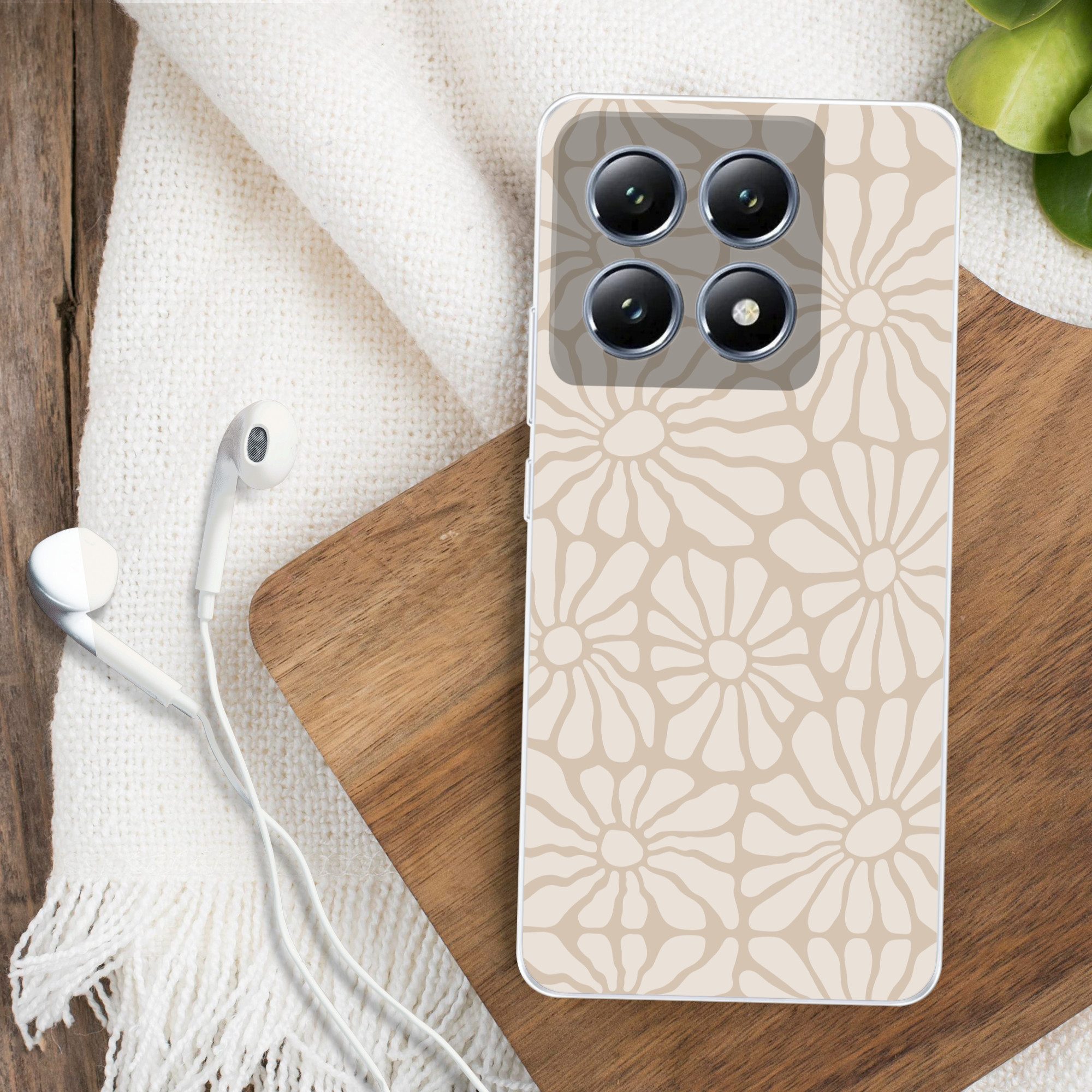 MuchoWow Handyhülle für Xiaomi 14T Floral - Druck - Beige - Braun - Minimalistisch, Handy Case, Silikon, Bumper Case Dünn