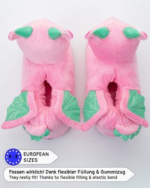 Corimori Plüsch Hausschuhe Pantoffeln Erwachsene Plüsch Hausschuhe (Packung) EU Einheitsgröße 34-44, Glimmer der Drache für Kinder und Erwachsene