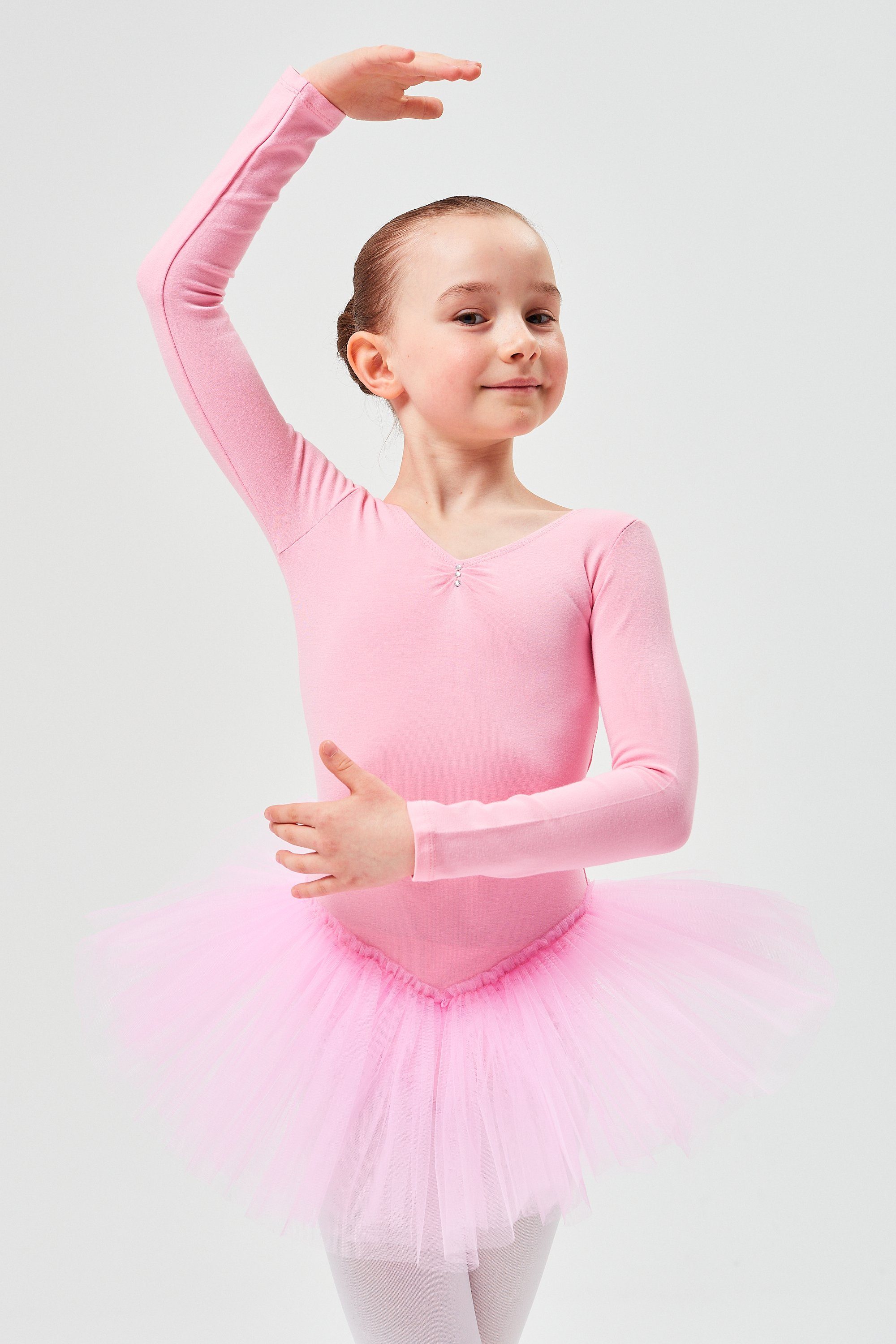 tanzmuster Tüllkleid Ballett Tutu Romy mit Glitzersteinen Langarm Ballettkleid aus weicher Baumwolle mit Tüllrock für Mädchen rosa