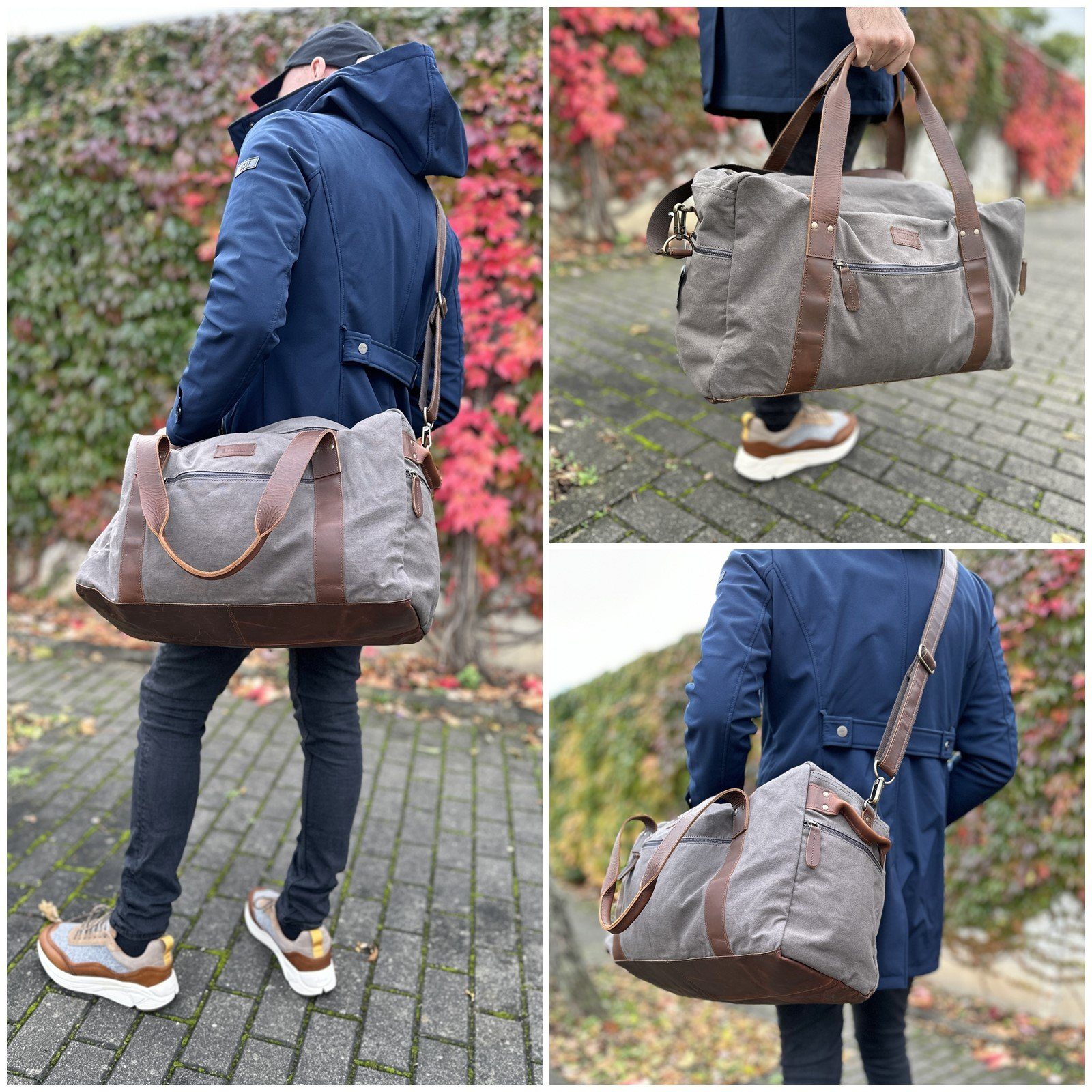 LECONI Weekender Sporttasche Reisetasche Damen & Herren Handgepäck Leder Canvas LE2014, Geräumiges & flexibel - viele Außenfächer - 55x30x21 cm