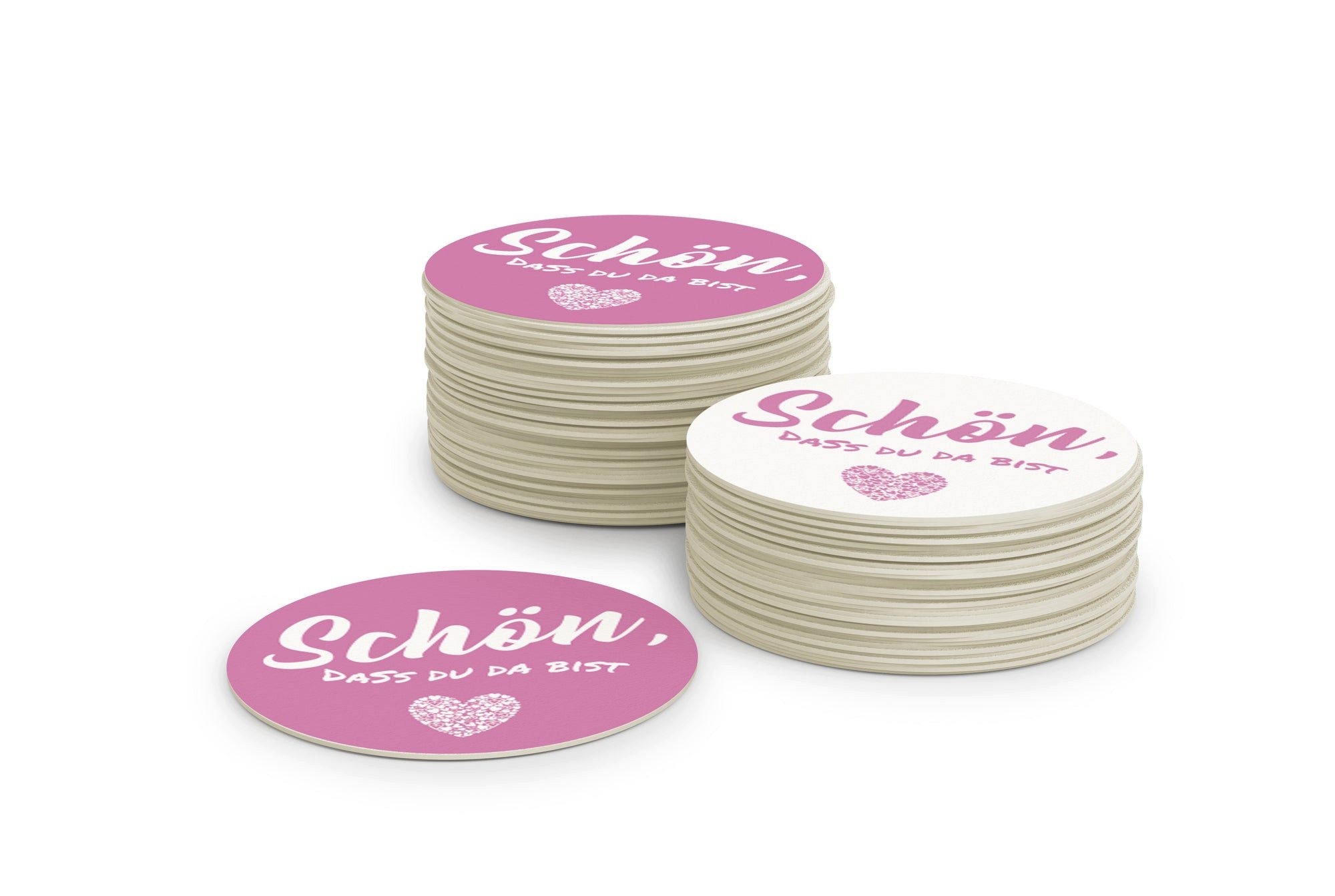 FLYERALARM Bierdeckel Schön, dass du da bist I Pink - Weiß I 50 Stück I Rund, Deko Garten Hochzeit Geburststag Minimalistisch Jubiläum Feier