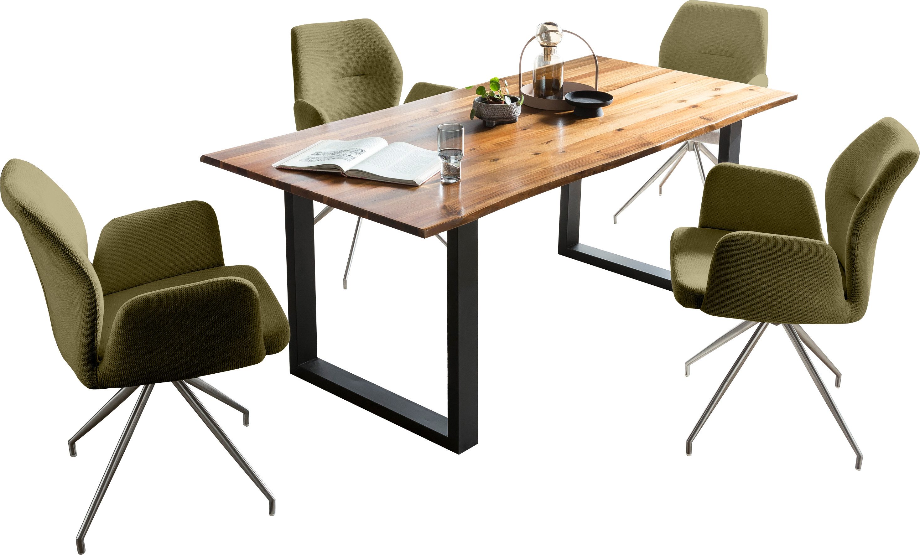 SalesFever Essgruppe Tischgruppe für gemütliche Familienabende, (Set, 5-tlg), Tischplatte mit echter Baumkante, Gestell aus rostfreiem Edelstahl