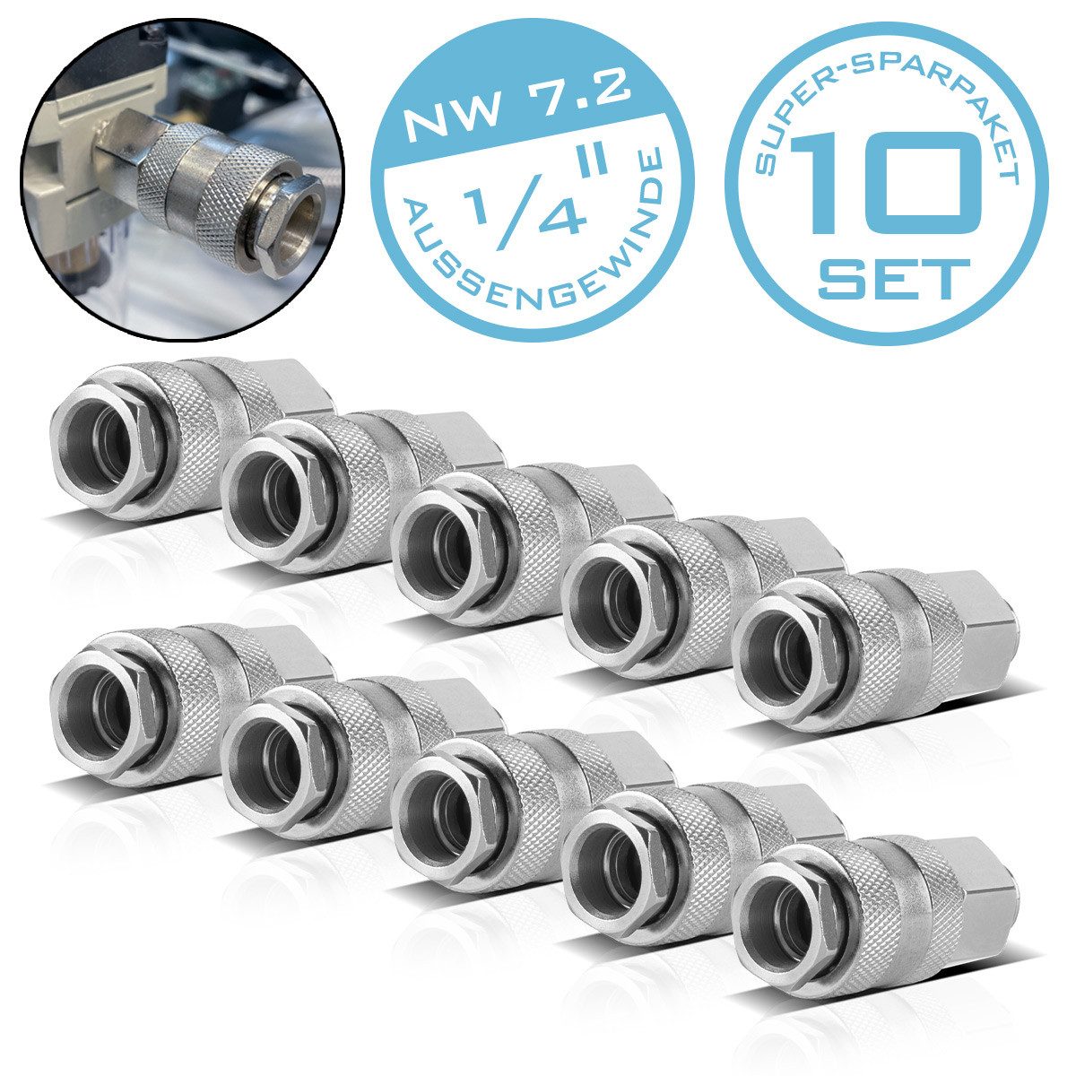 STAHLWERK Druckluftwerkzeug 10er Set Druckluft-Schnellkupplung NW 7.2, (Paket, 10-tlg., Set), für die professionelle Anwendung in Industrie, Handwerk, Werkstatt