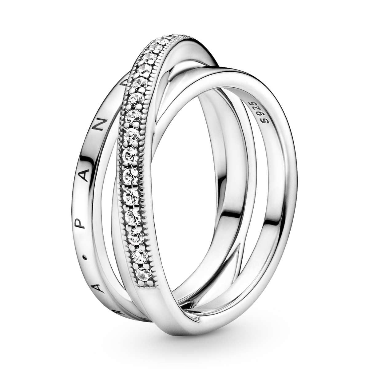 Pandora Silberring 199057C01, für Damen-Ring Silber Dreifach Gekreuzte Pavé Schienen