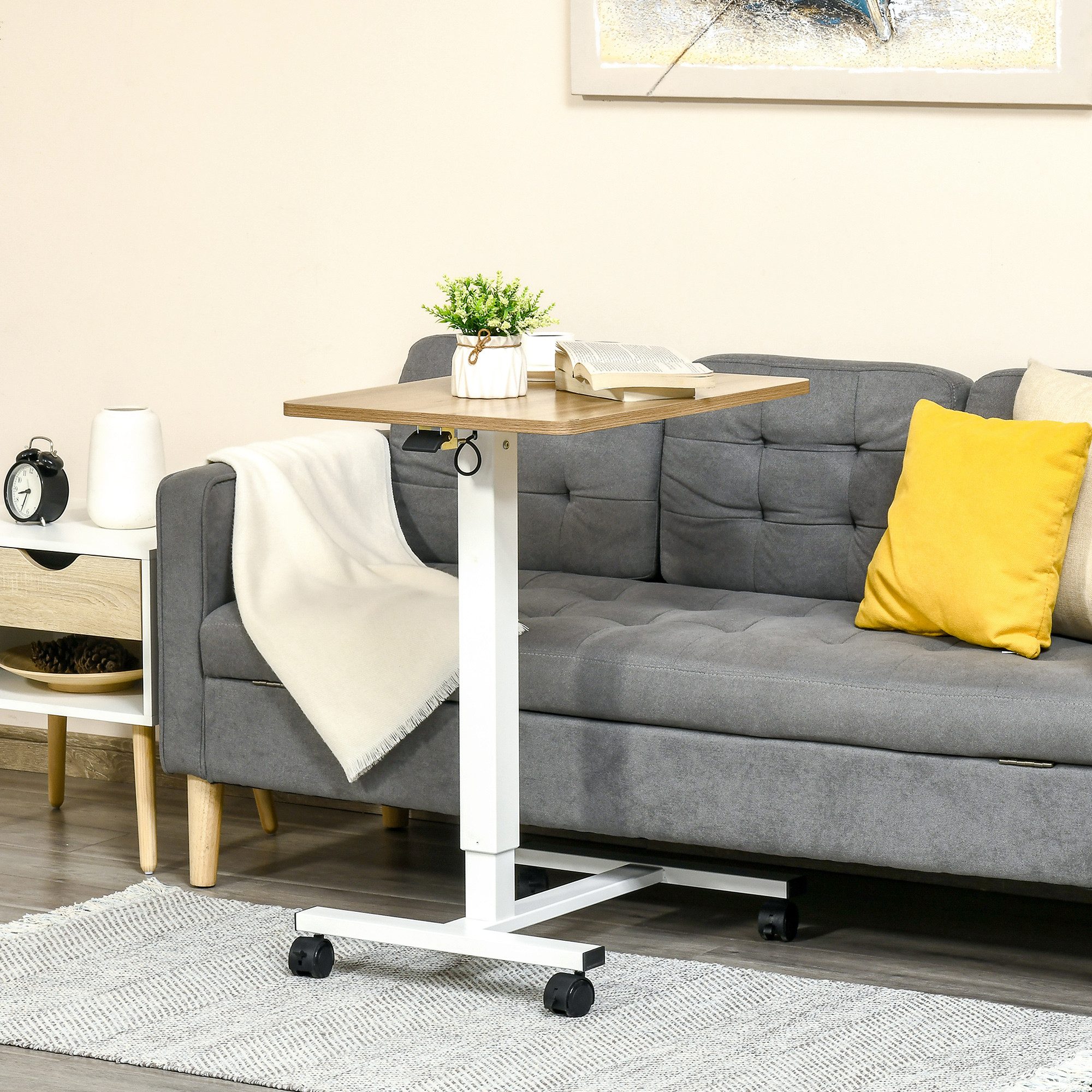 HOMCOM Schreibtisch Steh-Sitz mit 4 Rollen, 65x48x73-110cm, Natur (Stehpult, 1-St., Höhenverstellbar C-förmig Computertisch), für Büro, Arbeitszimmer, Wohnzimmer, bis 70 kg belastbar, Natur