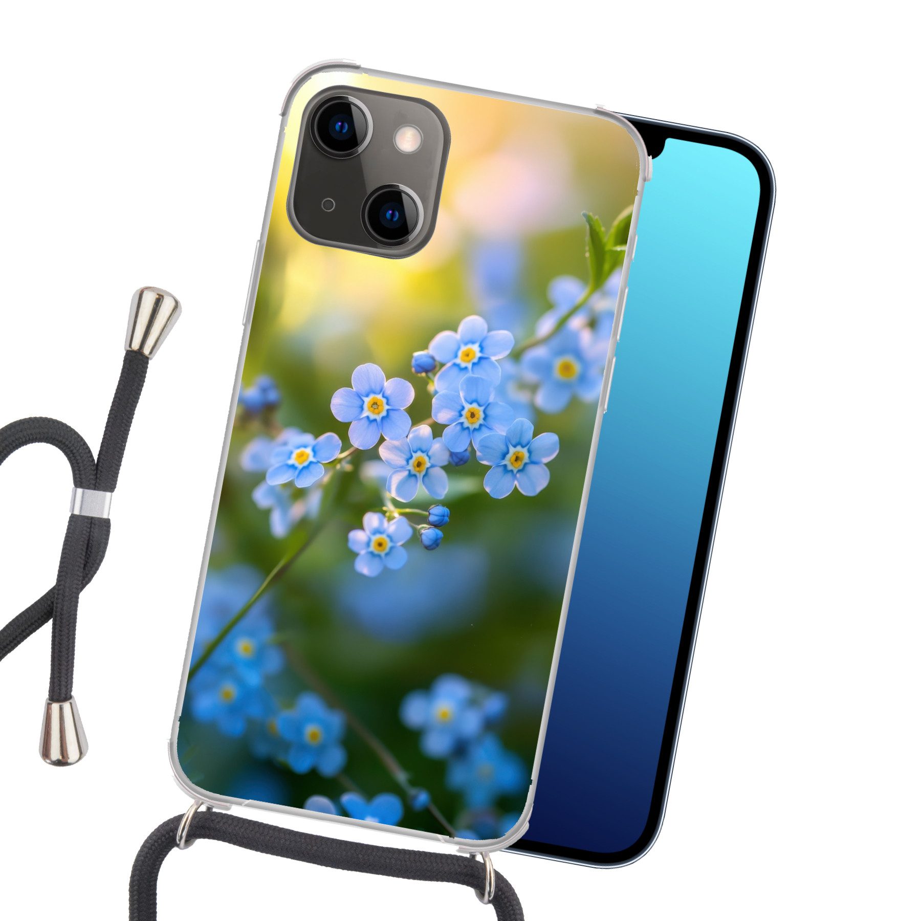 MuchoWow Handyhülle für Apple iPhone 13 Mini Blumen - Blau - Vergissmeinnicht, Tragbare Handyhüllen mit Kette zum umhängen, Handykette Handyband