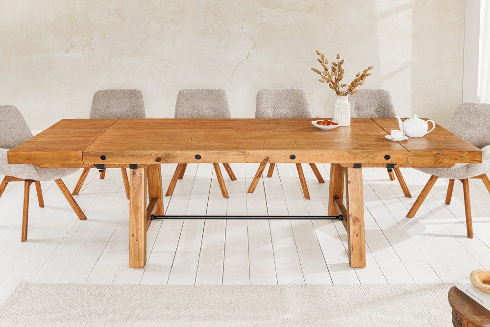 riess-ambiente Esstisch FINCA 165-240cm vintage braun - recyceltes Pinienholz, 2 Ansteckplatte (Einzelartikel, 1-St), Industrial Design mit Querstrebe – ideal für bis zu 12 Personen