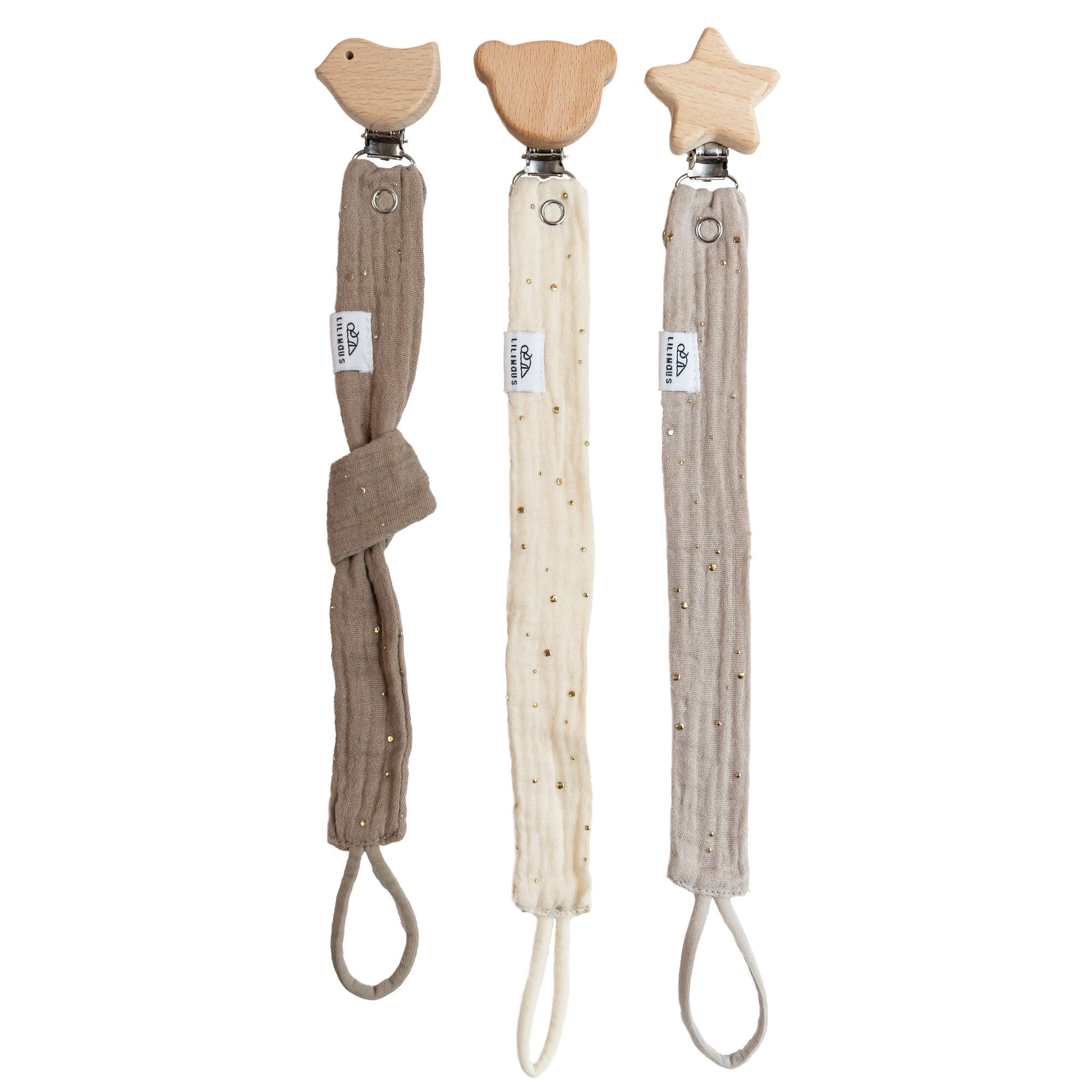 lilimaus Schnullerbefestigung Schnullerkette aus Musselin & Holz - handgemacht, (3-tlg), mit Holzclip & sicherer Länge - schadstoffgeprüfte Musselin-Baumwolle