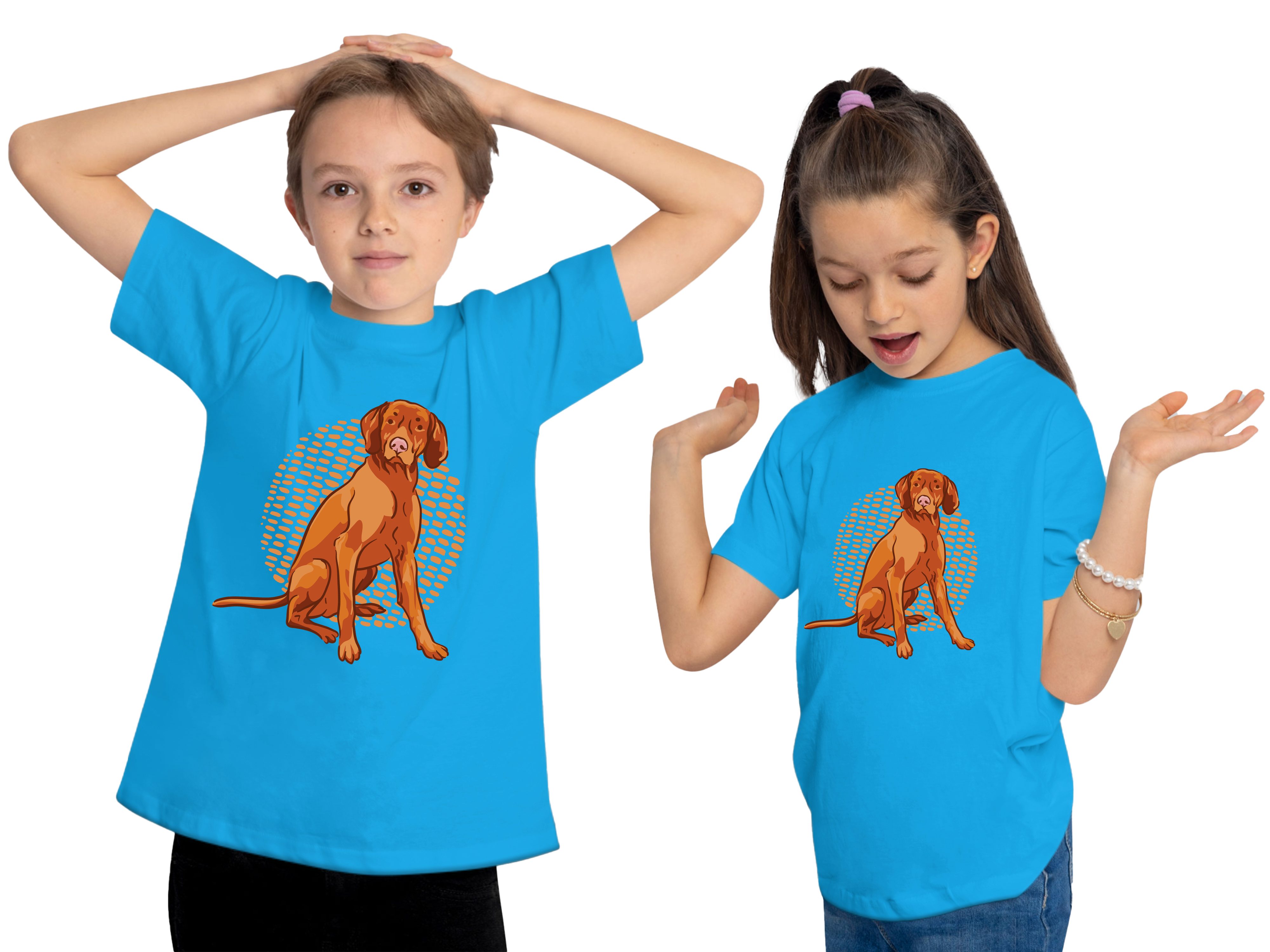 aqua Kinder Print Hunde i257 T-Shirt bedruckt Baumwollshirt - MyDesign24 mit brauner Shirt Sitzender blau Aufdruck, Hund