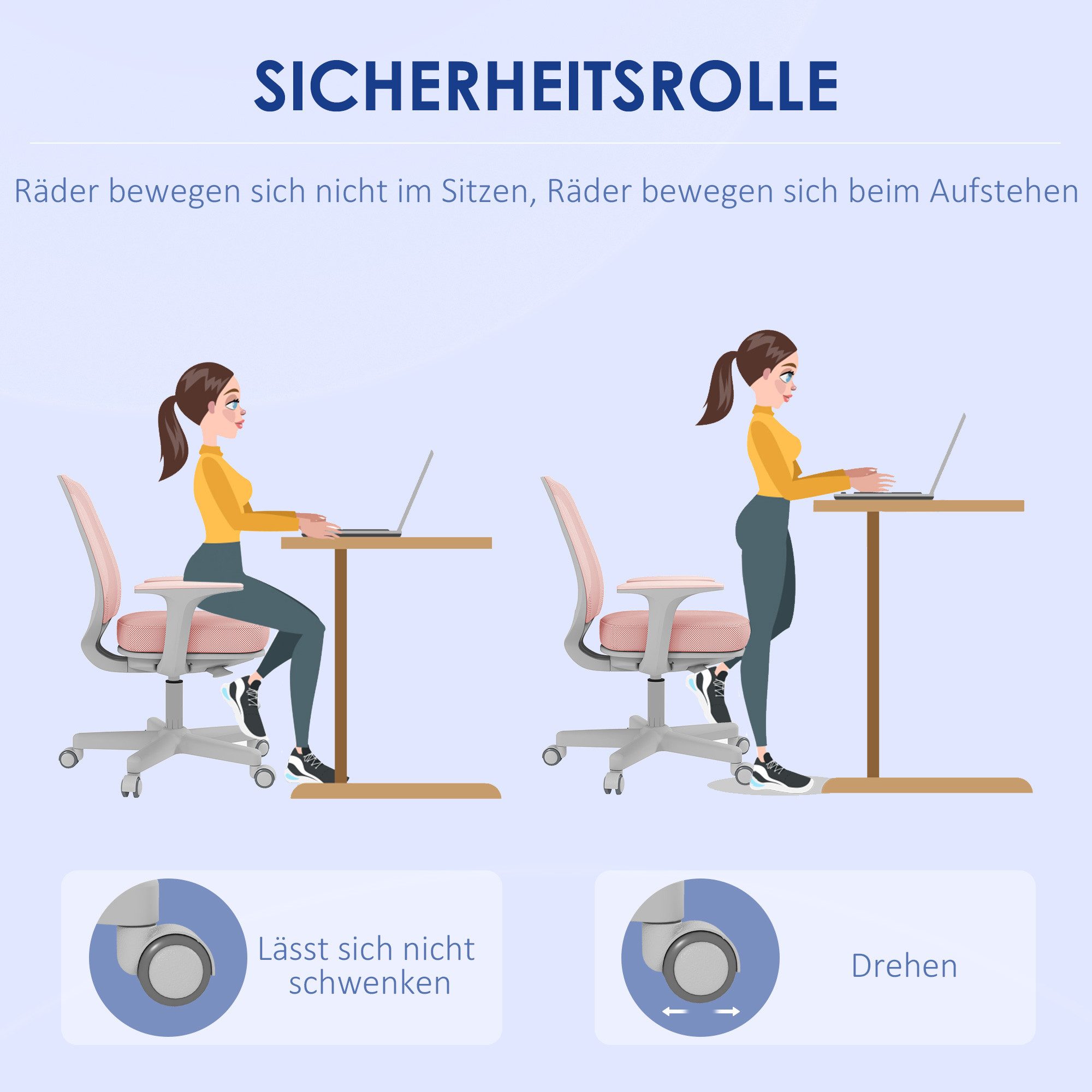 Vinsetto Bürostuhl Schreibtischstuhl mit Drehfunktion, höhenverstellbar Computerstuhl (ergonomisch Schreibtischstuhl, 1 St), für Home-Office, Polyester, Rosa – Bild 4 von 5