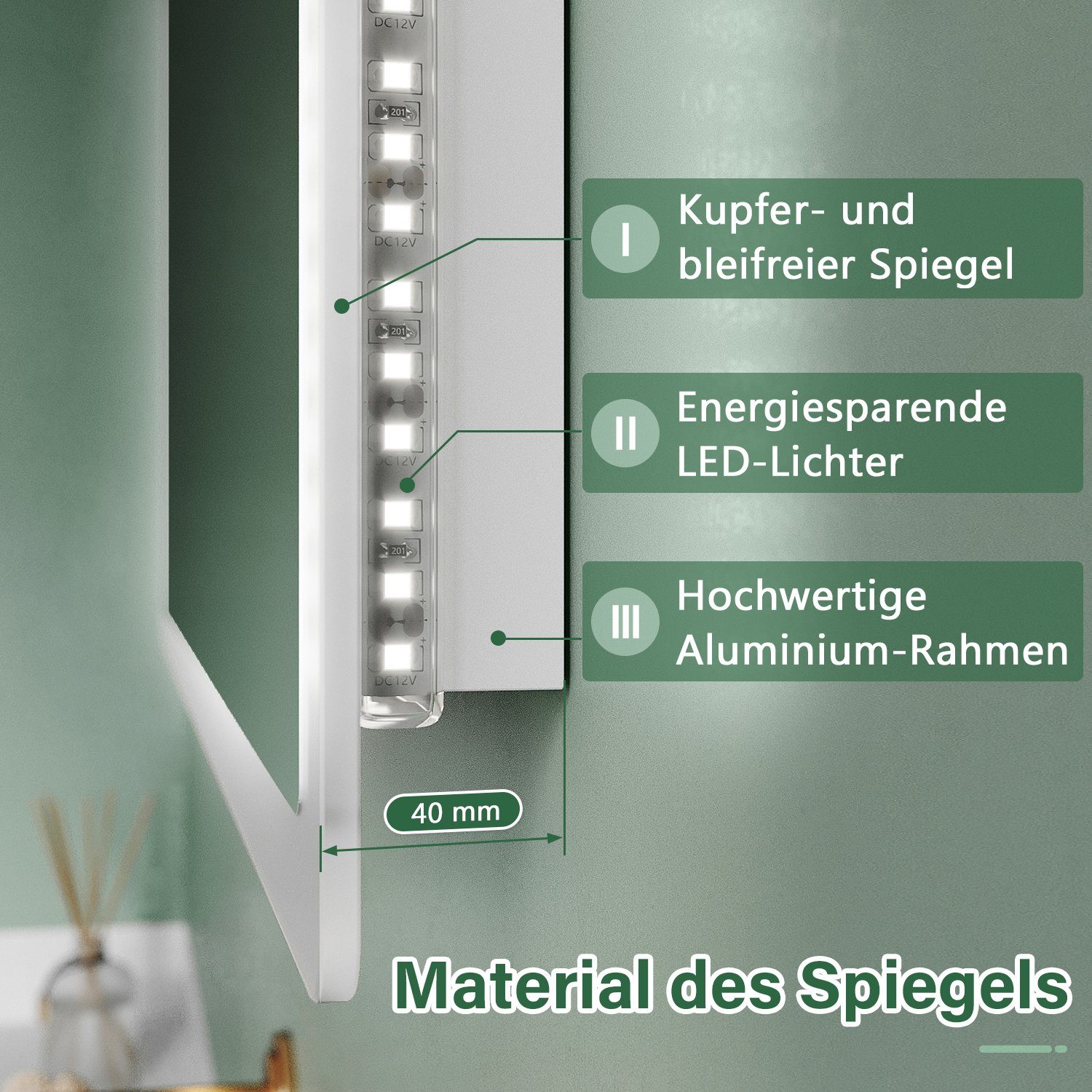 SONNI Badspiegel, mit Badspiegel Badezimmerspiegel, Lichtspiegel Wandschalter, 60×40 IP44 cm, Badspiegel, Beleuchtung, LED