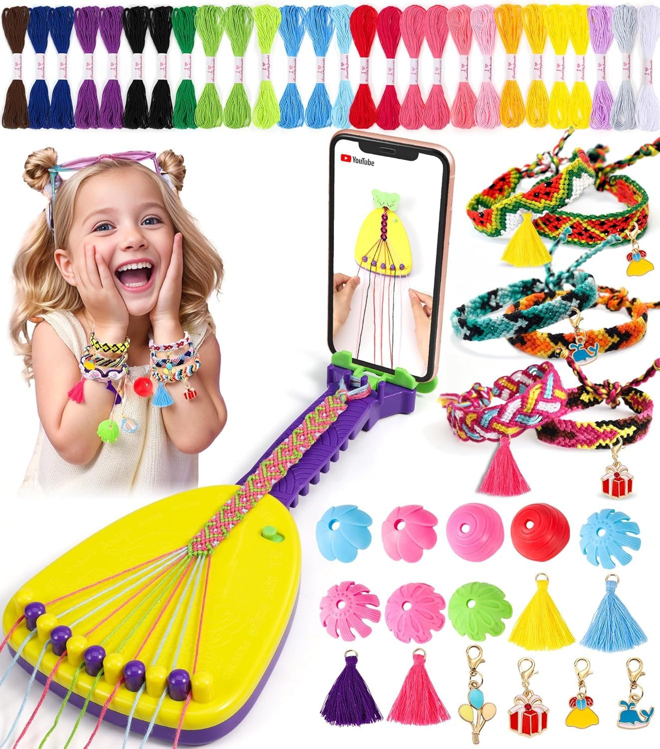 POPOLIC Freundschaftsarmband Kreativ-Freundschaftsbänder Bastelset, Freundschaft Armbänder Basteln (Flechtset mit Handyhalter und 35 Garnbündeln mit 16 DIY-Dekorationen), Geburtstagsgeschenke für Kinder im Alter von 6–12 Jahren