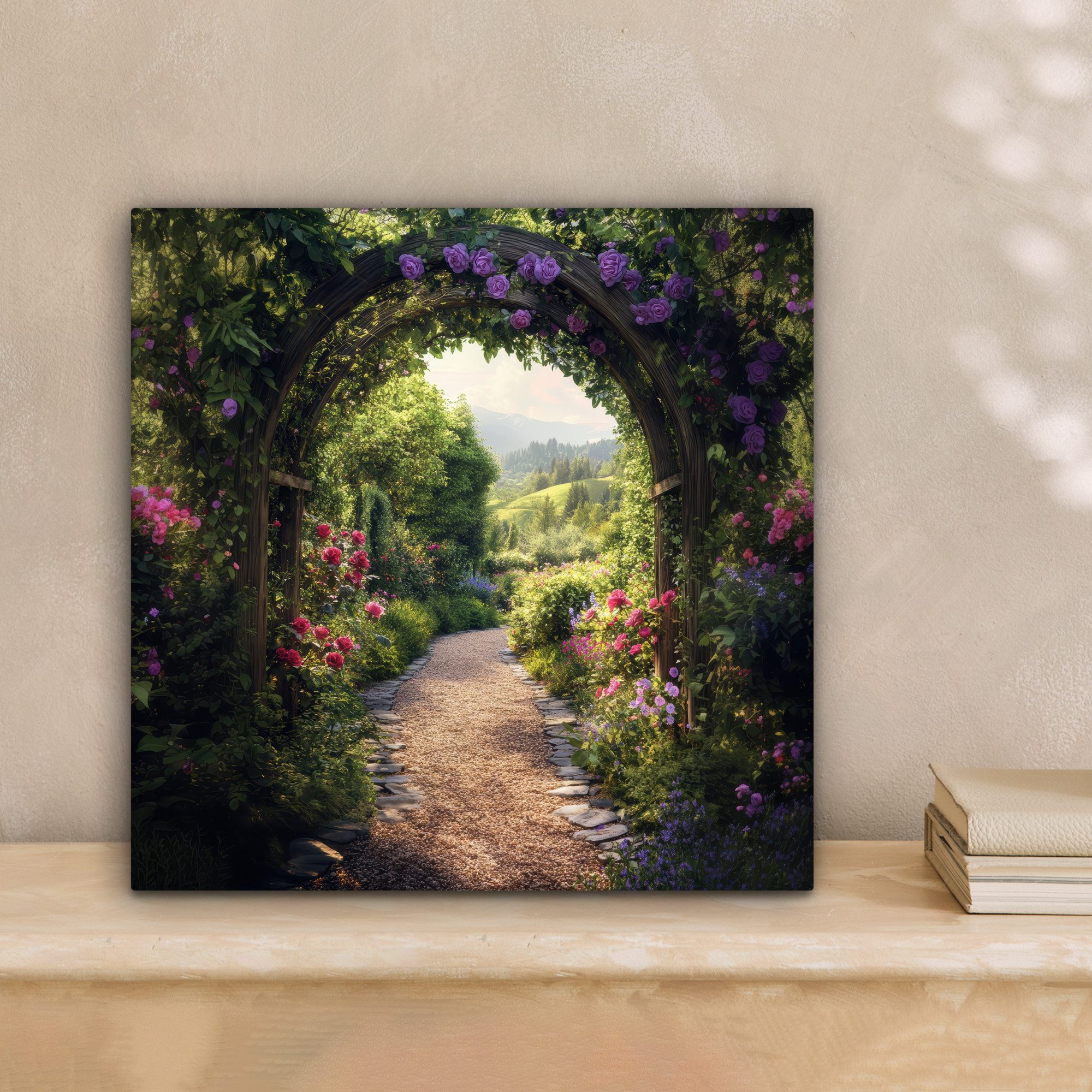 OneMillionCanvasses® Leinwandbild Ausblick - Landschaft - Blumen - Gartenbogen - Natur, Fotodruck (1 St), Wandbild, Deko Schlafzimmer Wohnzimmer Flur 20x20 cm