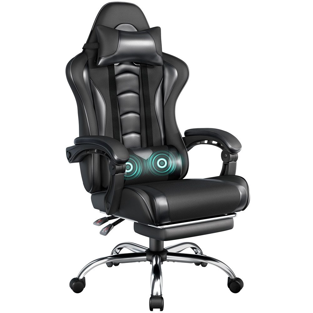 Yaheetech Gaming-Stuhl mit Massagefunktion & Kopfstütze & Fußstütze Ergonomischer PC-Stuhl, Drehstuhl Computerstuhl Verstellbare Rückenlehne