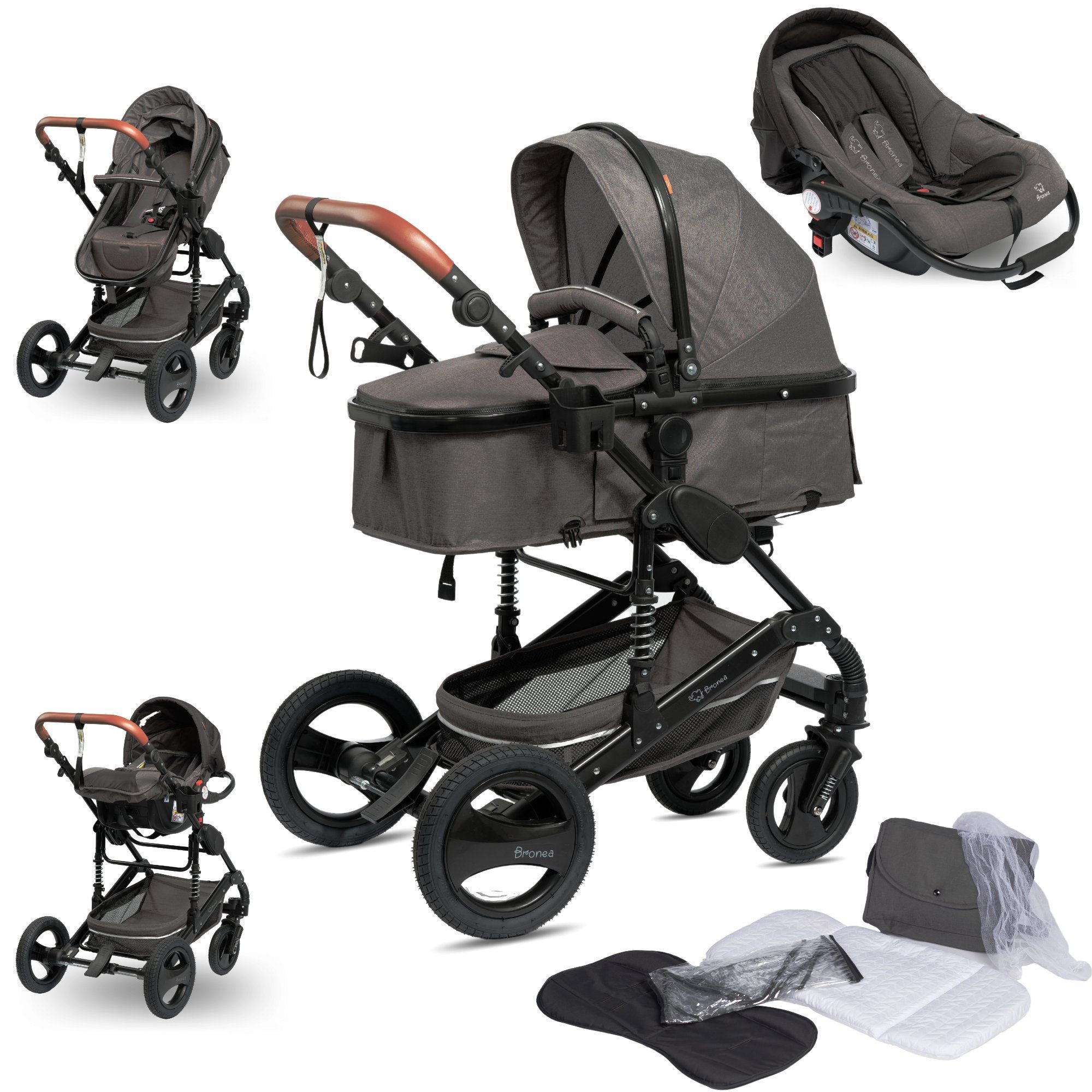 Bronea Kombi-Kinderwagen 3in1 Komplettset inkl. MATRATZE, BUGGY & AUTO-BABYSCHALE, Grey/Schwarz, Gummi Reifen,Wickeltasche,Regen-, Mücken- & Sonnenschutz