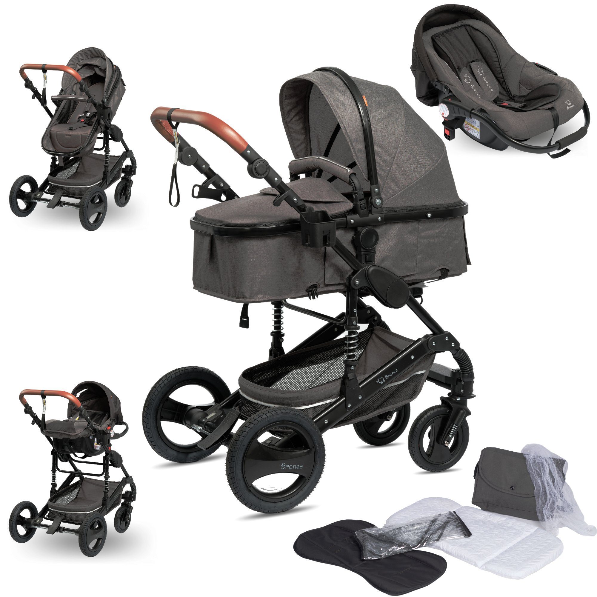 BRONEA Kombi-Kinderwagen EXQUISE Kinderwagen 3in1 mit MATRATZE, BUGGY & AUTO-BABYSCHALE Grey/Schwarz, Gummi Reifen,Wickeltasche,Regen-, Mücken- & Sonnenschutz mehr