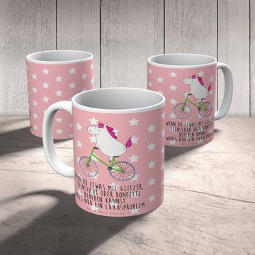 Mr. & Mrs. Panda Tasse Einhorn Radfahrer - Rot Pastell - Geschenk, Tasse, Einhörner, Kaffeeb, Keramik, Einzigartiges Botschaft