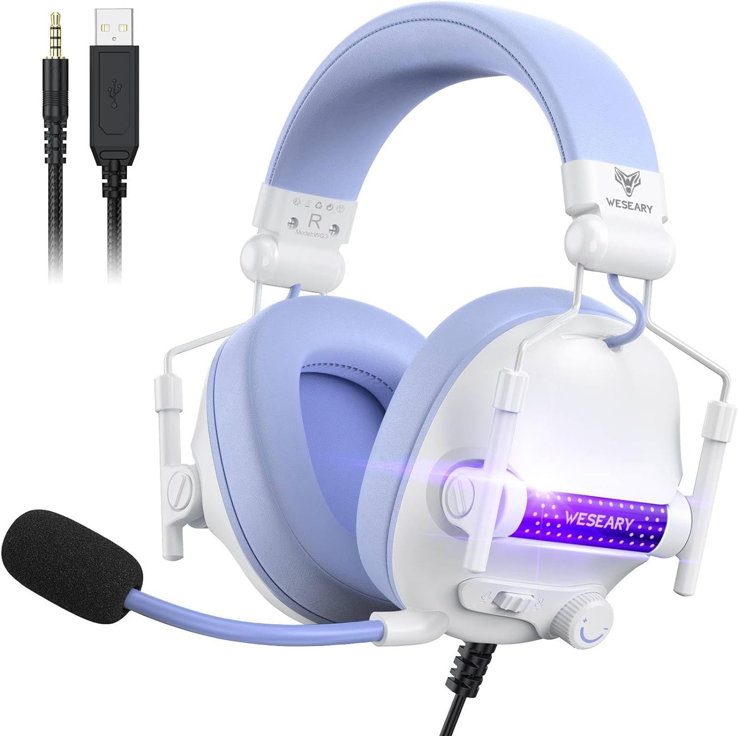 WESEARY Stereo mit Mikrofon Gaming-Headset (Bequemer Sitz und ergonomisches Design für lange Gaming-Sessions., mit weichen Memory Ohrpolstern, 3,5mm Jack, RGB Licht)