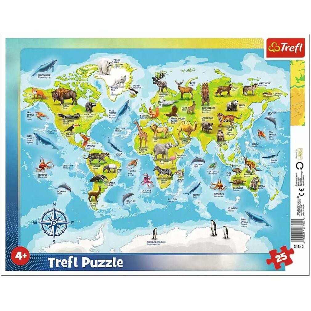 Trefl Puzzle Puzzle Weltkarte mit Tieren 25 Teile, Puzzleteile