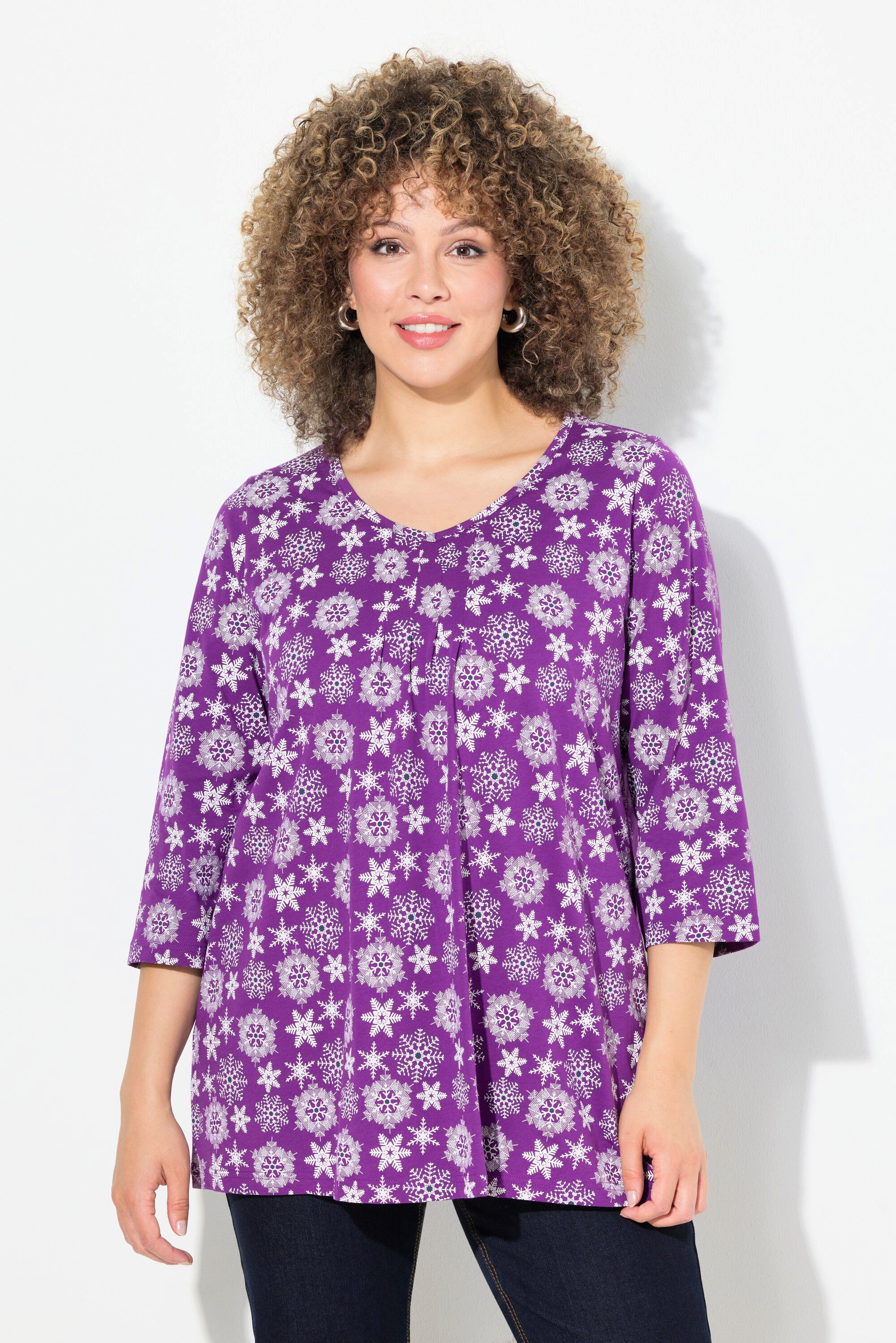 T-Shirt Shirt Schneeflocken A-Linie V-Ausschnitt 3/4-Arm