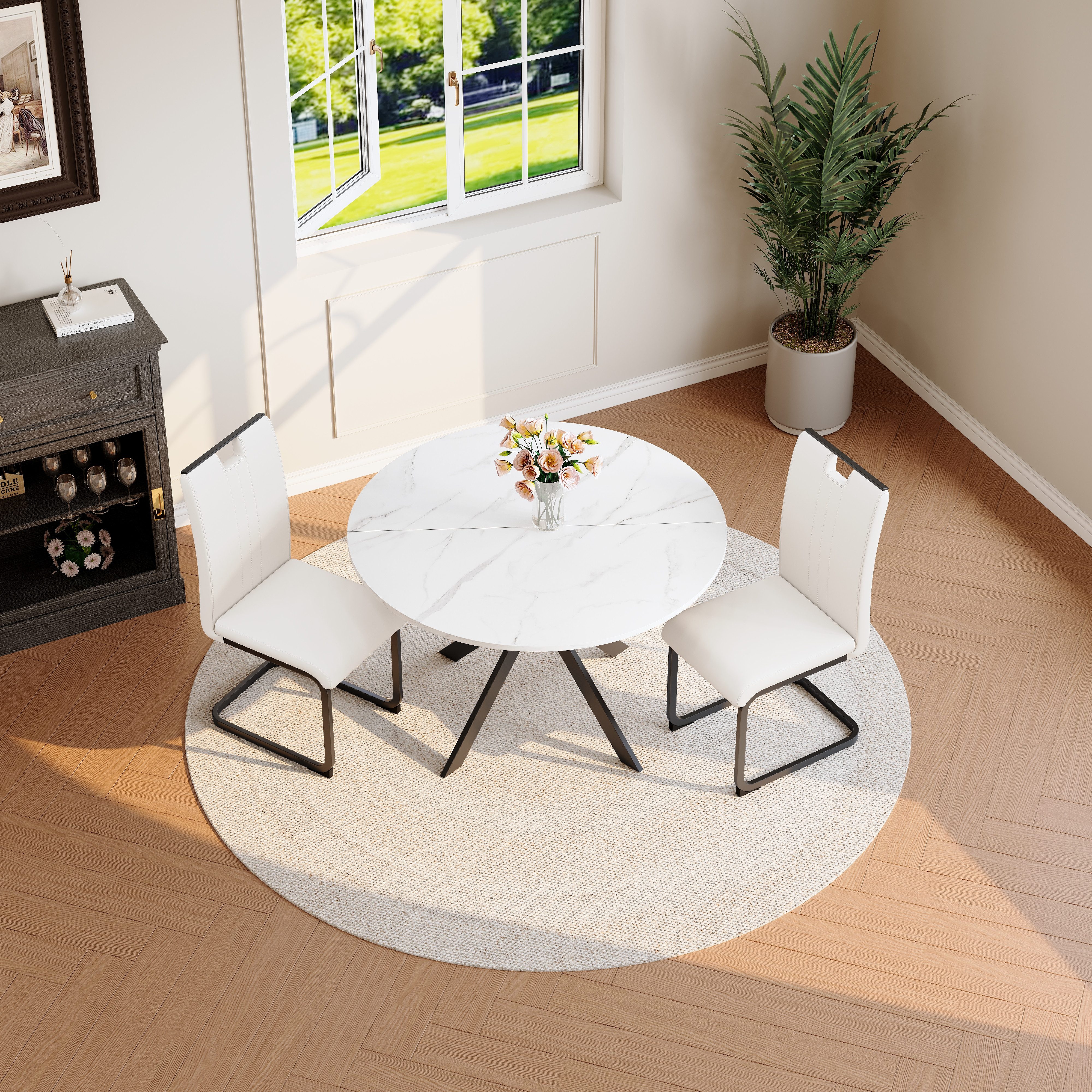 Welltin Essgruppe Rundes Marmor-Esstisch Esszimmer-Set mit 2 oder 4 Stühlen, (2-tlg), weißen oder schwarzen Cantilever-Stühlen, Kunstleder und Metallrahmen