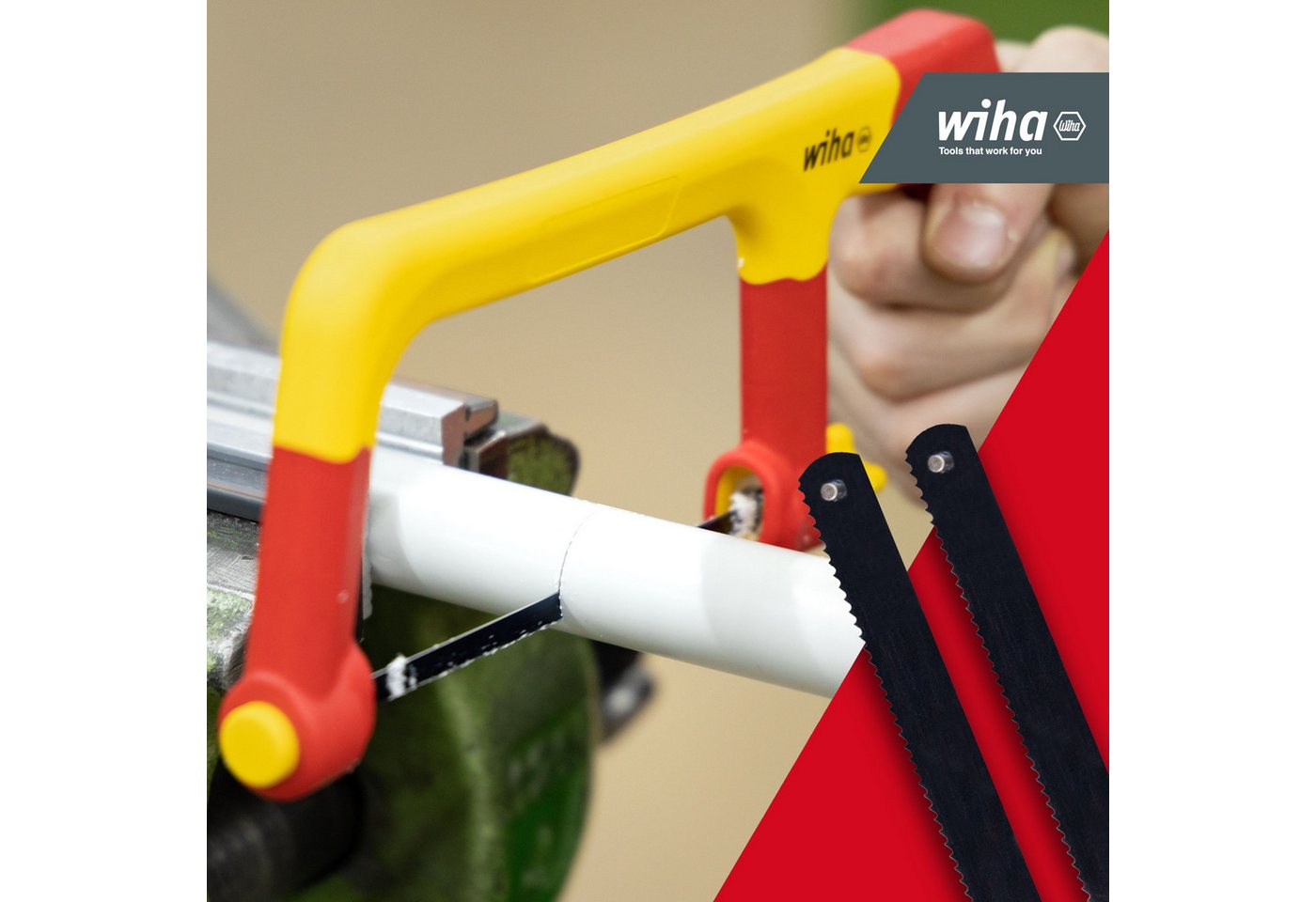 Thumbnail - Wiha Bügelsäge Elektriker (43125), mit 3 Sägeblättern 150 mm, sauberer Schnitt, Kunstoff, Metall, VDE