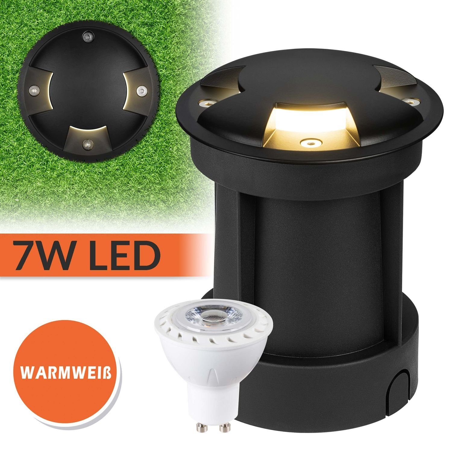 LEDANDO LED Einbaustrahler 7W LED Bodeneinbaustrahler Set mit 3 Lichtauslässen - schwarz - warmwe