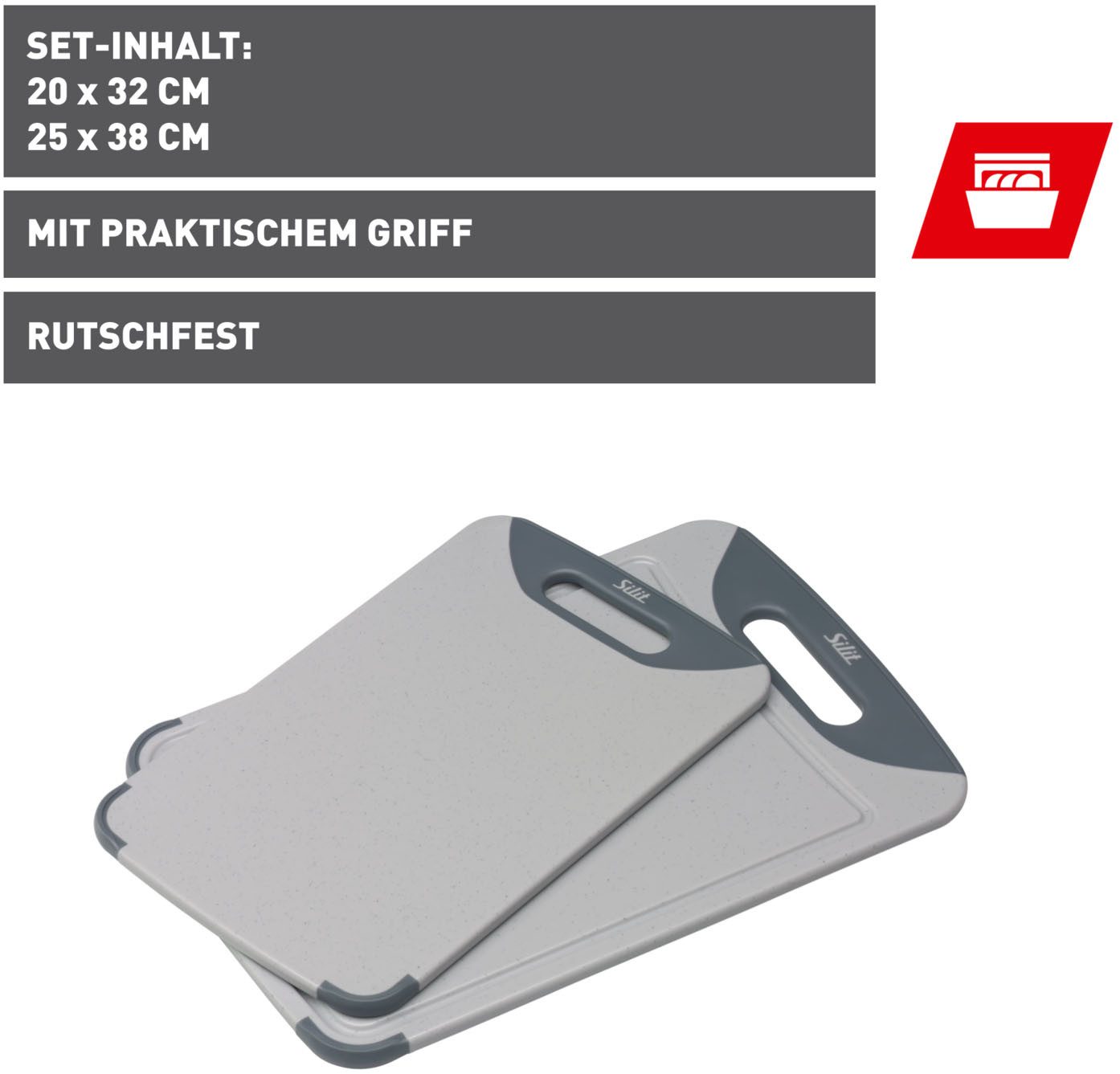 Silit Schneidebrett, Kunststoff, (Set, B/L: 25/38 und 20/32 cm), rutschfest, beidseitig nutzbar