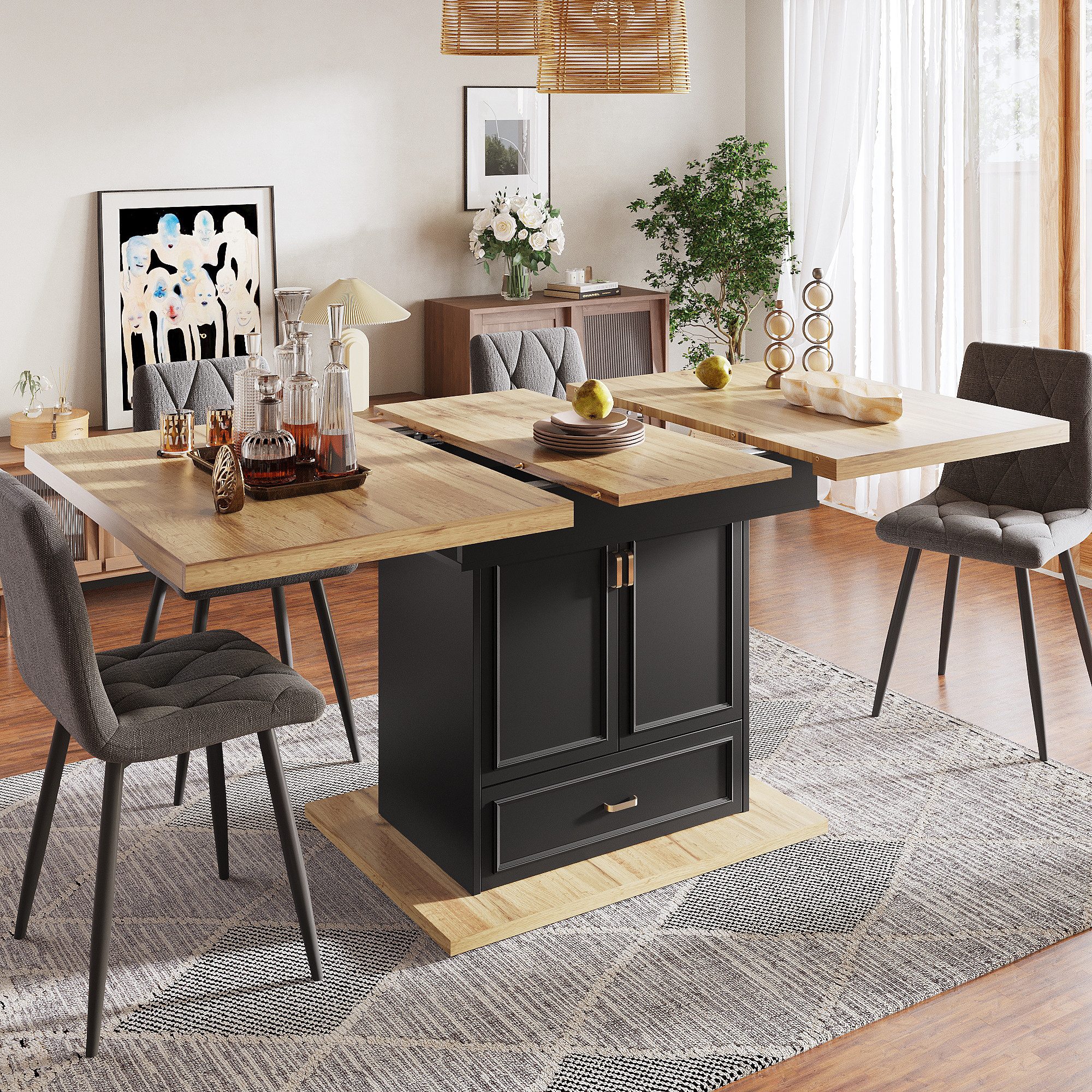 HAUSS SPOLE Esstisch mit Schubladen,Küchentisch Wohnzimmertisch ausziehbar mit Holzmaserung (Holzmaserung, Stauraum mit Türen & Schublade, für Küche & Esszimmer, 1-St., 110-140×80 cm)