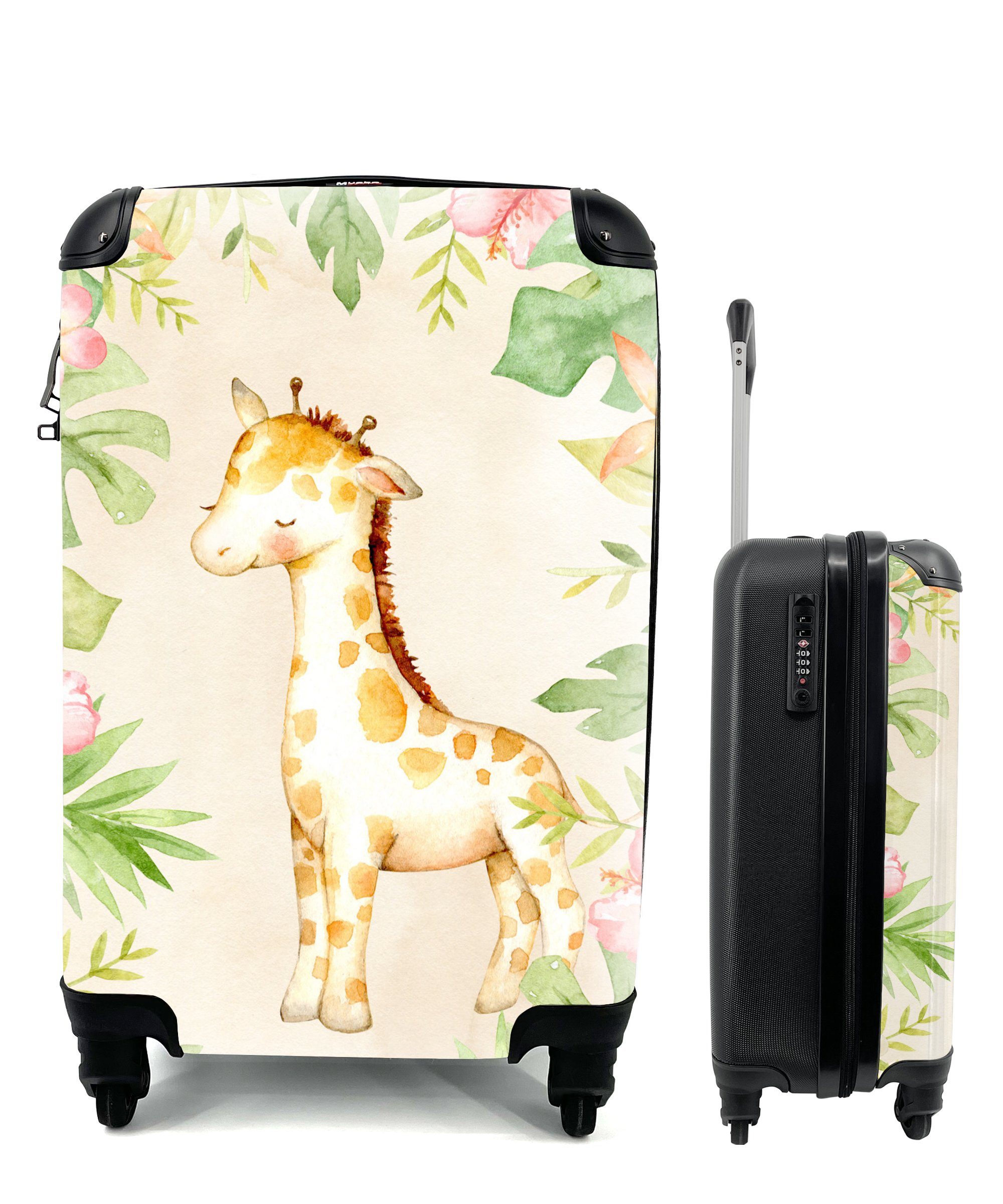 MuchoWow Handgepäckkoffer Giraffe - Aquarell - Blumen, 4 Rollen, Reisetasche mit rollen, Handgepäck für Ferien, Trolley, Reisekoffer