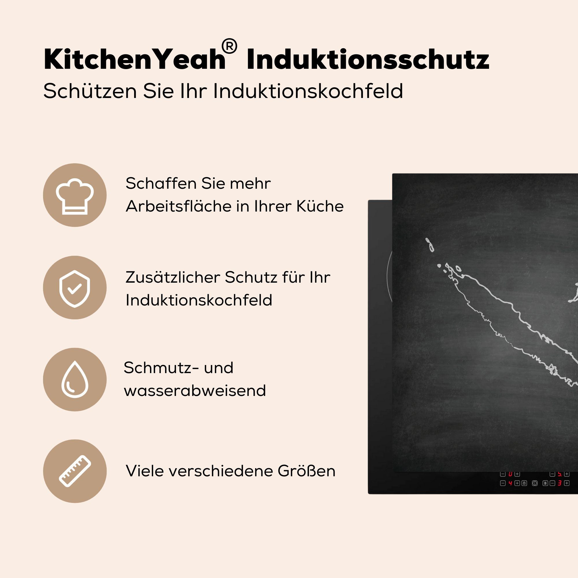 MuchoWow Herdblende-/Abdeckplatte Eine einer (1 küche Karte Ceranfeldabdeckung, cm, von tlg), Neukaledonien 78x78 Vinyl, Kreidetafel, auf für Arbeitsplatte Illustration der