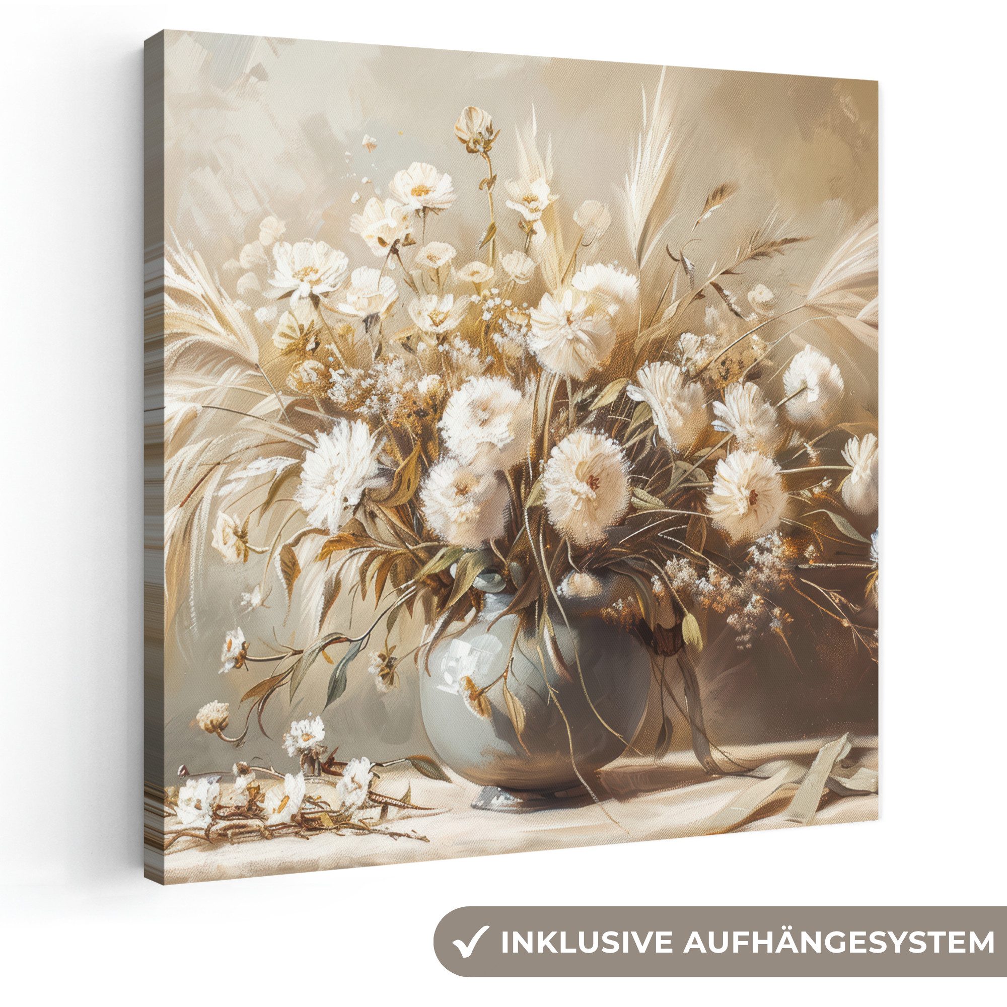 OneMillionCanvasses® Leinwandbild Blumen - Vase - Stilleben - Beige, Fotodruck (1 St), Wandbild, Deko Schlafzimmer Wohnzimmer Flur 20x20 cm