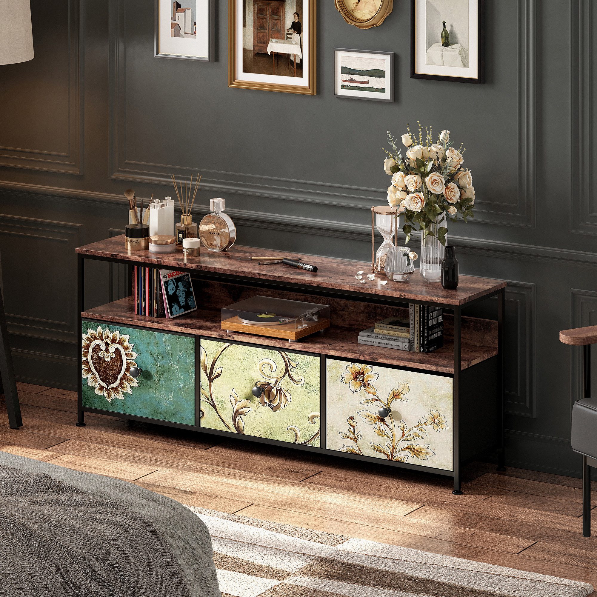 BELUPAI Lowboard TV Schrank mit LED und Schubladen (Set, 1 St., Fernsehschrank Kommode mit 3 Schubladen aus Stoff), für Fernseher Bis Zu 55 Zoll, für Wohnzimmer – Bild 3 von 5