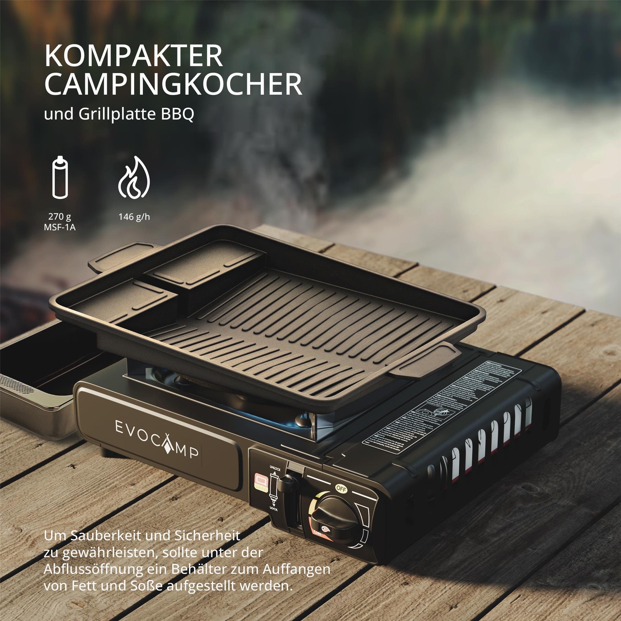 EVOCAMP Gaskocher 1-flammig mit Piezozündung und Tragekoffer für 227 Gaskartuschen, (Campingkocher mit Grillplatte BBQ, 1-St., stufenlos regulierbare Flamme, tr – Bild 2 von 5