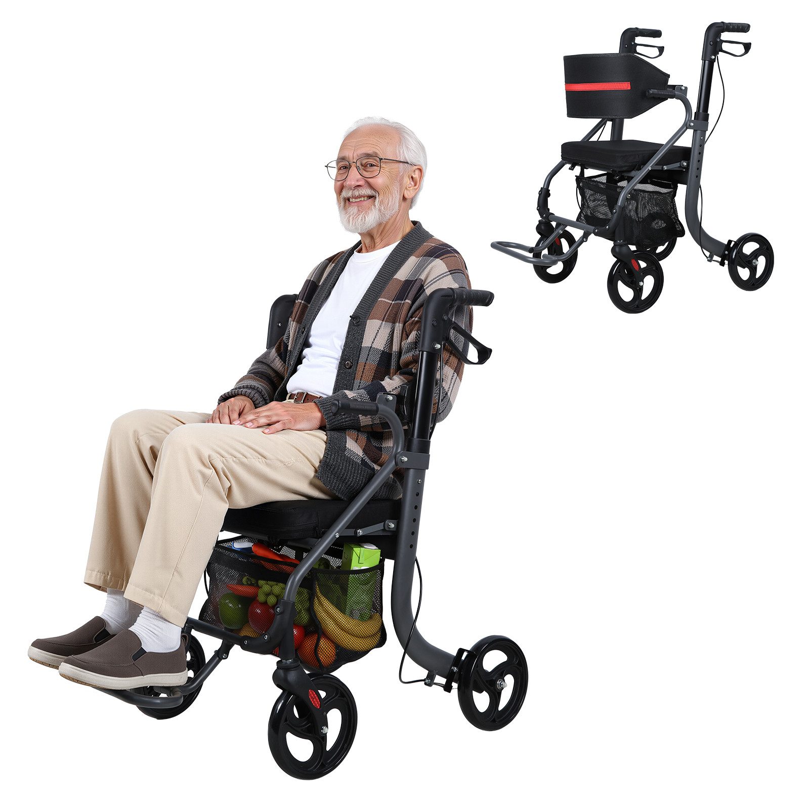 Rutaqian Rollator Aluminium Outdoor Rollator für Senioren, Faltbar Rollator & Rollstuhl, 5 Fach Höhenverstellbar mit Stiz, Netztasche, Griffe belastbar 100 kg