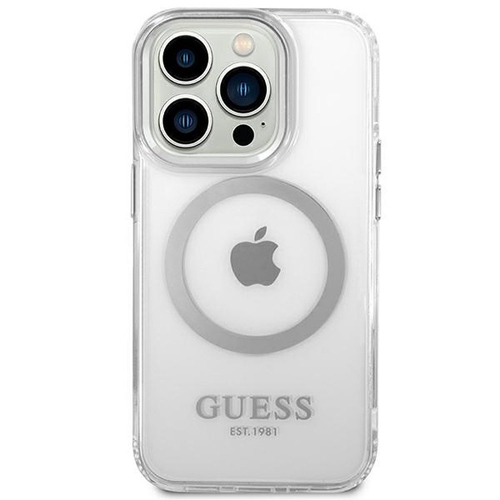 Guess Smartphone-Hülle Handyhülle Schutzhülle Handyschale 6,1 Zoll, MagSafe, Hardcase, transparent, Metallrahmen