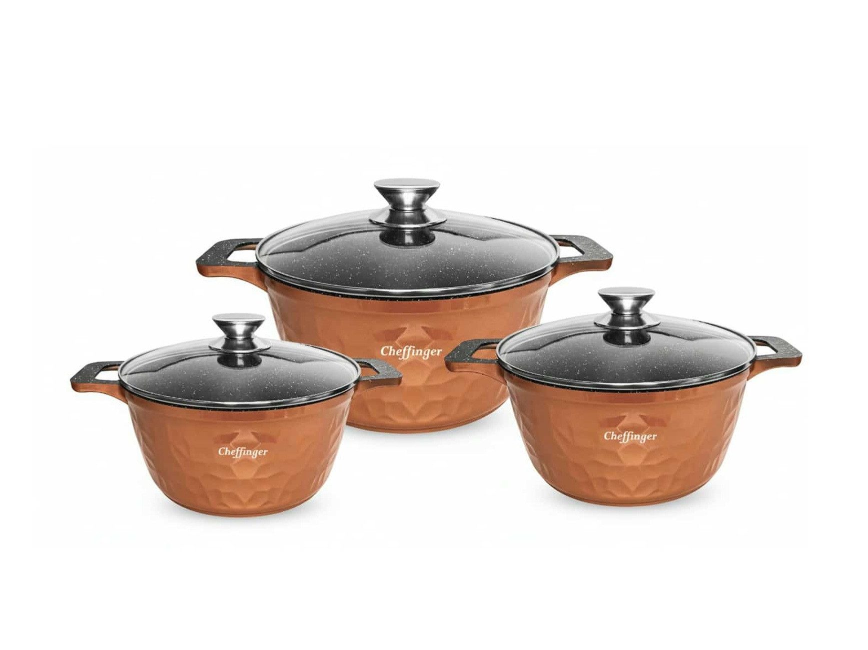 Cheffinger Kochtopf Set, 20/24/28 cm, Aluminiumguss (6-tlg., 6-teilig (3 Töpfe + 3 Deckel), 3-Schicht Antihaft-Marmorbeschichtung, Induktionsgeeignet